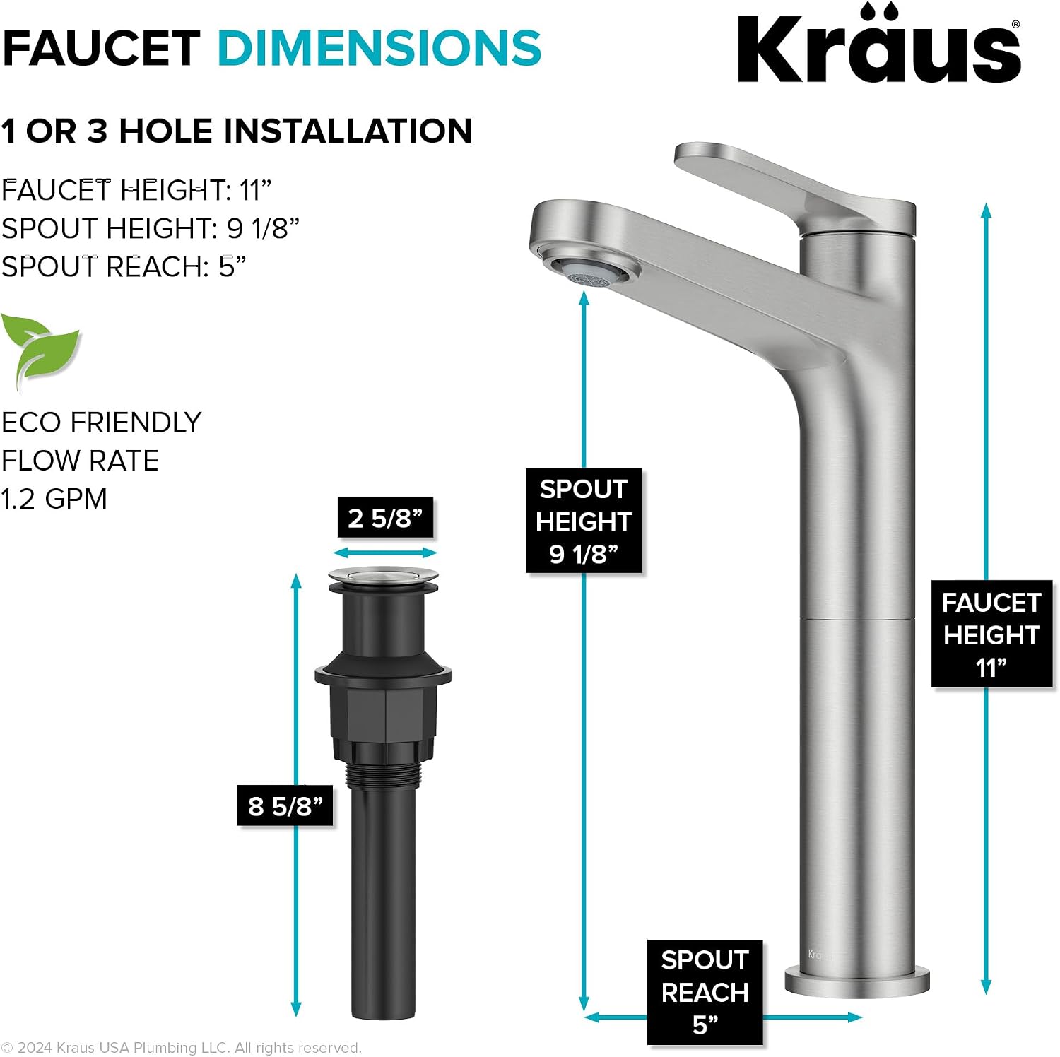 KRAUS Indy Bathroom Faucet for Vessel Sink in Spot-Free Brushed Nickel with Single Handle, Pop Up Drain and Supply Lines, KVF-1410SFBN