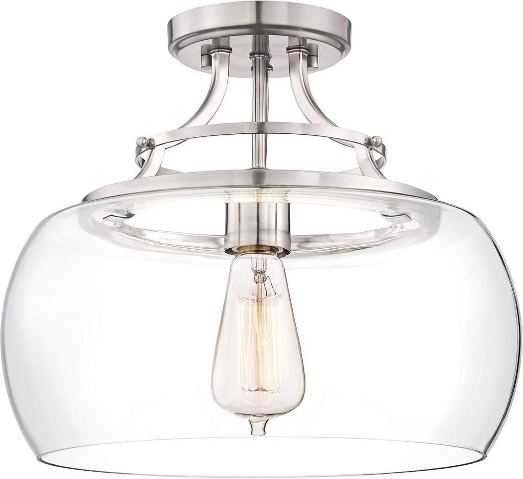 Franklin Iron Works Charleston Industrial Rustic Farmhouse Ceiling Light Semi Flush-Mount Fixture 13 1/2' Wide Brushed Nickel LED Clear Glass Shade for Bedroom Kitchen Living Room Hallway Dining