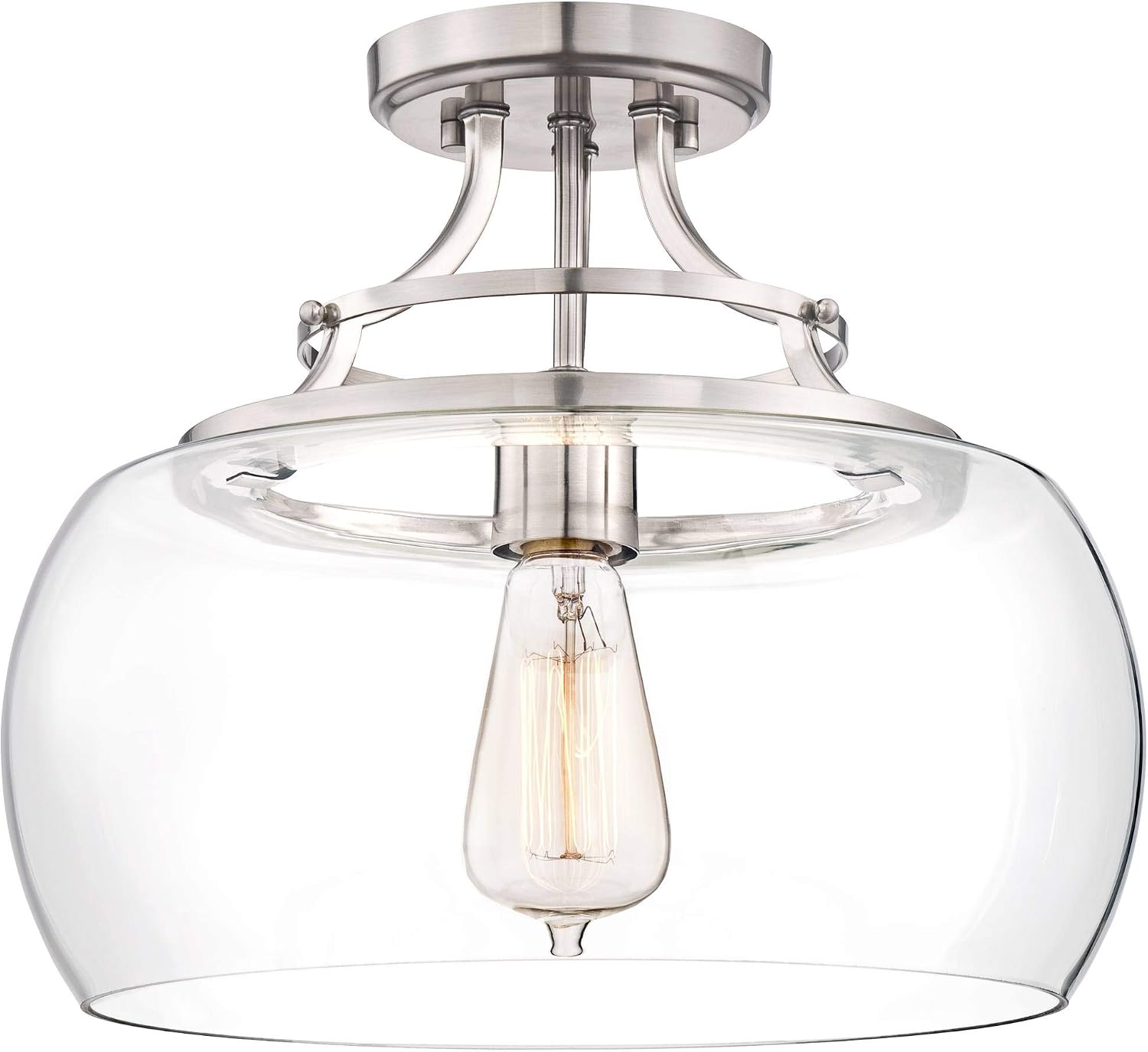 Franklin Iron Works Charleston Industrial Rustic Farmhouse Ceiling Light Semi Flush-Mount Fixture 13 1/2' Wide Brushed Nickel LED Clear Glass Shade for Bedroom Kitchen Living Room Hallway Dining