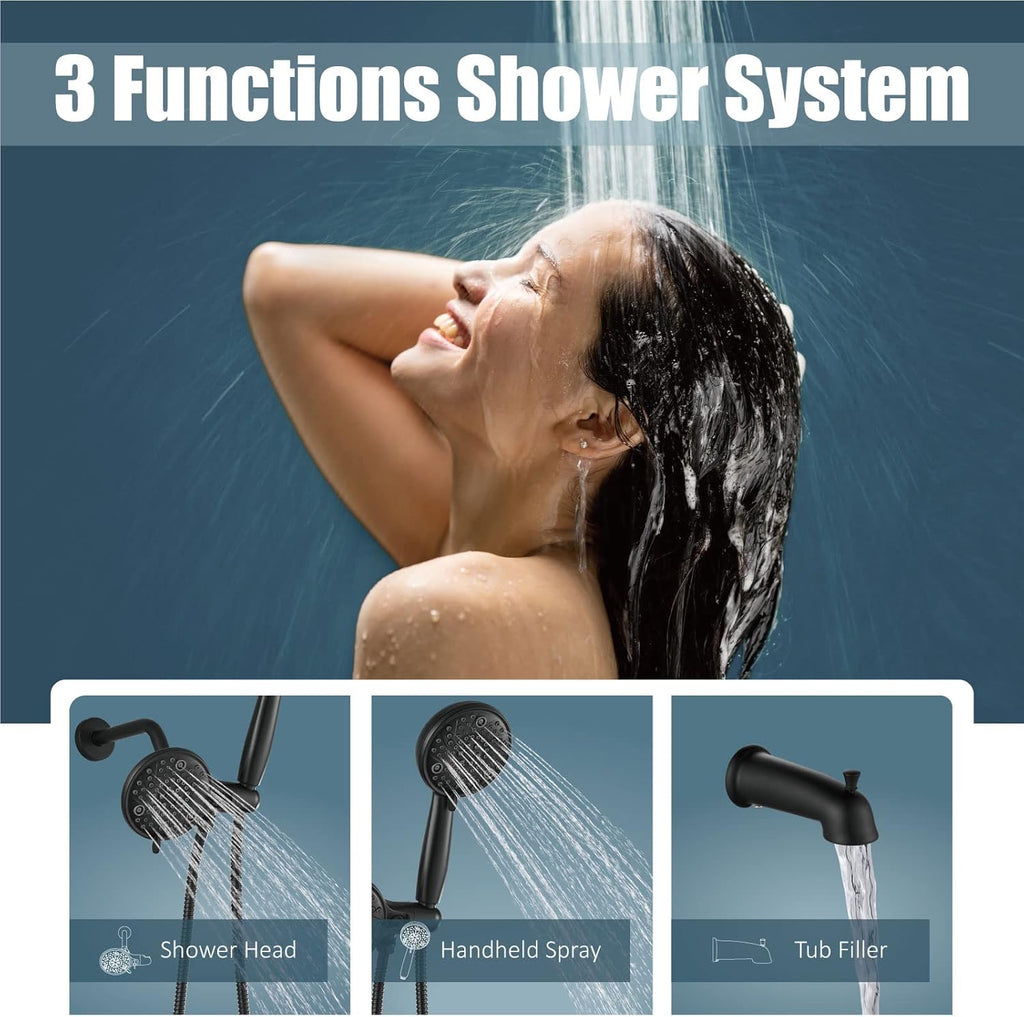 Aolemi Shower Faucet Set with Tub Spout Rain Shower Head System Shower Trim Kit Pressure Rough-in Valve Included ABS 8 Setting Dual Shower Head and Handheld Spray Matte Black