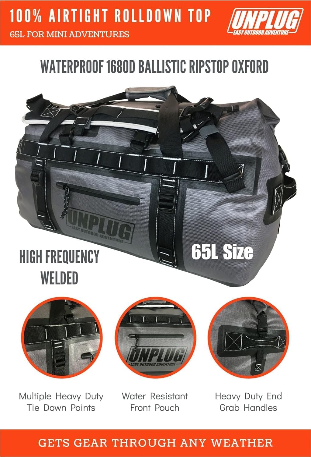 UNPLUG Ultimate Adventure | 1680D Heavy Duty Waterproof Bag | Large Travel Bag which can be Used for Camping, Motorcycling, Boating, or Hunting|65L Storm Grey