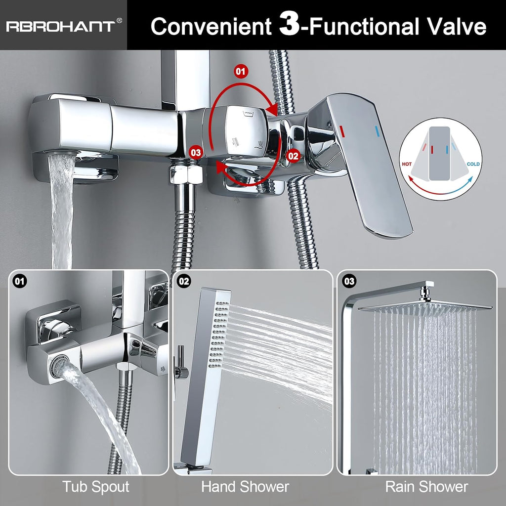 RBROHANT Polished Chrome Exposed Shower System with Tub Spout, Exposed Shower Fixtures for Bathroom with Brass 3-Functional Valve, Height Adjustable, Wall Mounted