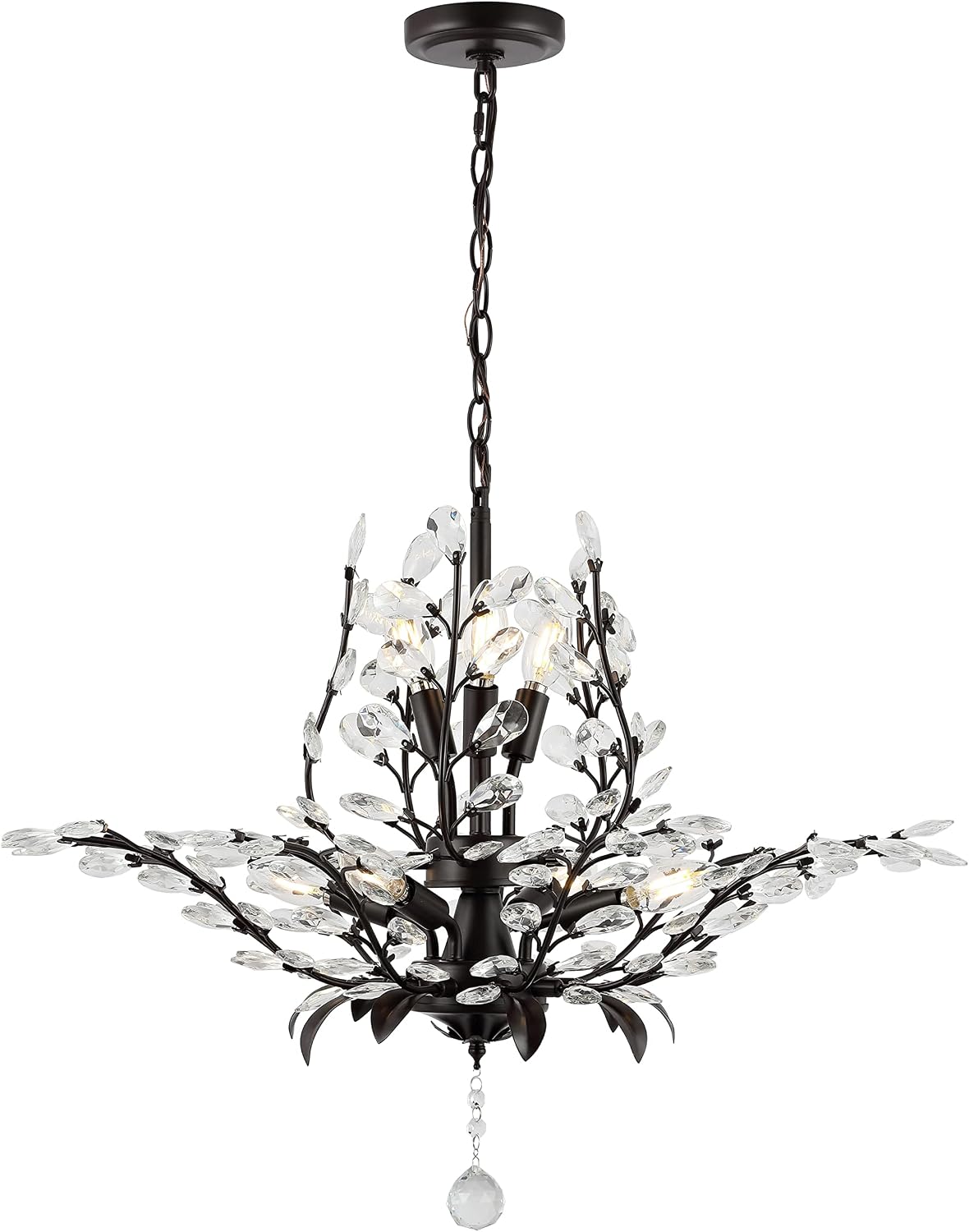 JONATHAN Y 28.5' Oil Rubbed Bronze/Clear 7-Light Bohemian Pendant Light, Vintage LED Branch Ceiling Fixture for Kitchen Island Bedroom Bathroom, Clear Acrylic Crystals (JYL9549A)
