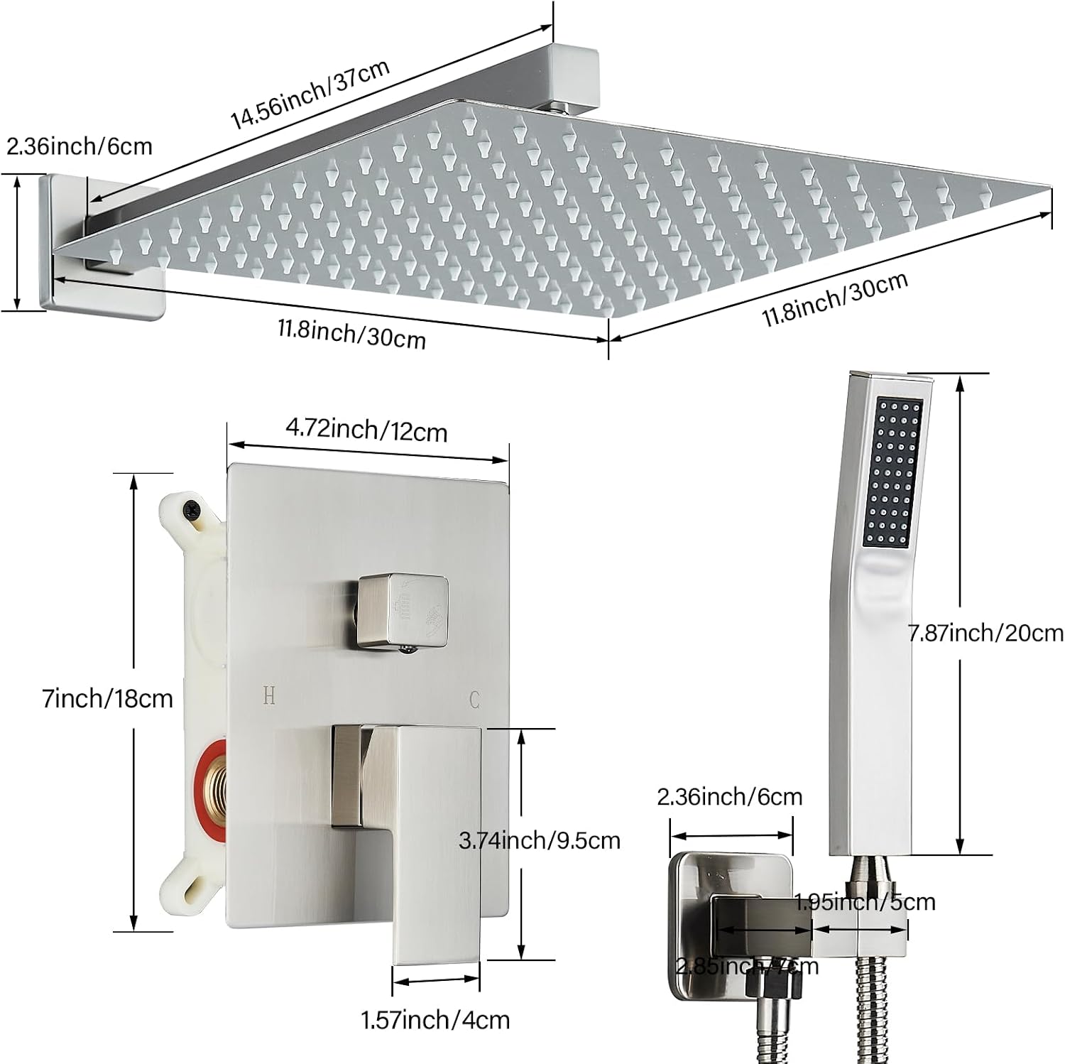 Shower Faucet Set Brushed Nickel Shower System with 12 Inches Rain Shower Head and Handheld Sprayer Wall Mounted Shower Fixture Set with Brass Shower Valve