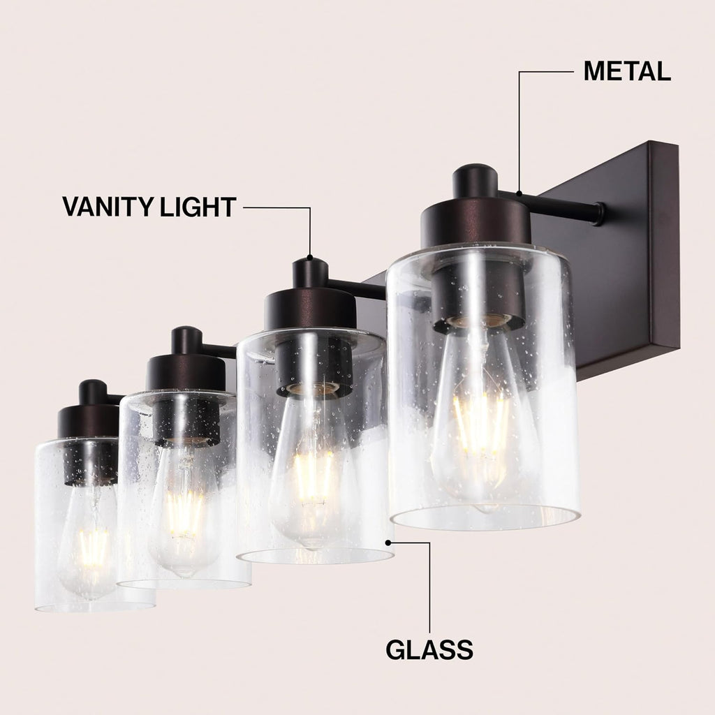 JONATHAN Y 27.75' Oil Rubbed Bronze/Clear 4-Light Modern LED Vanity Light for Bathroom Mirror, Mid-Century Wall Sconce with Clear Seeded Glass Shades, Contemporary Iron Fixture, LED Bulbs (JYL7558E)
