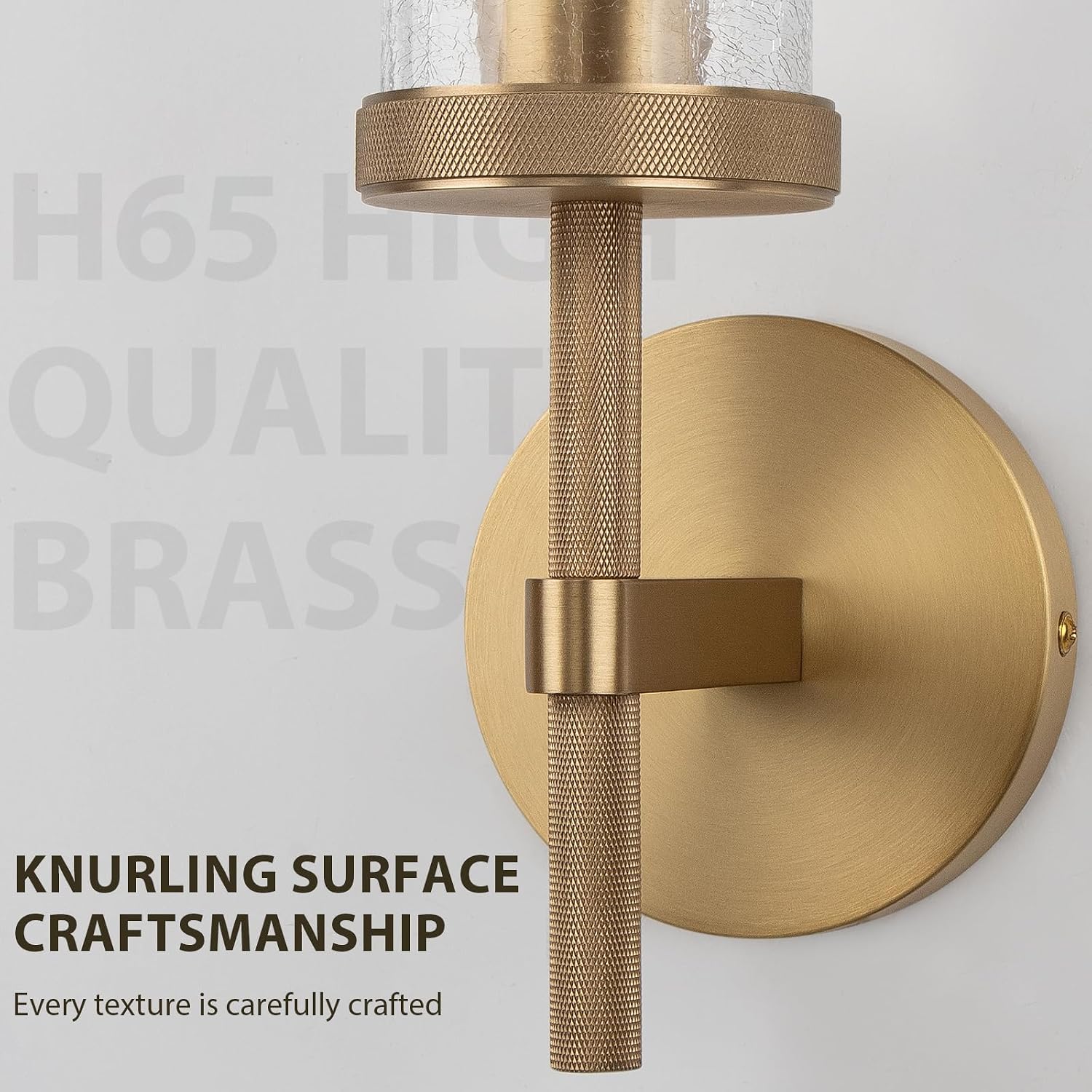 15' Knurled Brass Wall Sconce with Crackle Glass Tube, Gold Bathroom Vanity Light Fixtures, Modern Lamp Lighting for Bedroom, Living Room, Hallway, Staircase, Mirror, Kitchen