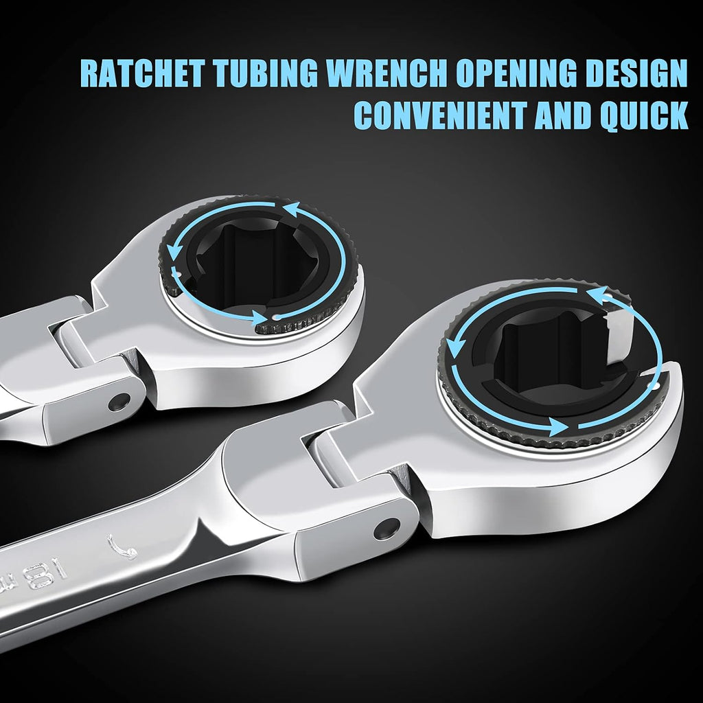 LOSCHEN Metric Open Flex-Head Ratcheting Wrench Combination 12 Pcs/set 8-19mm, Metric Spanner with 72 Teeth, Chrome Vanadium Steel Tubing Ratchet （US and European Patents）