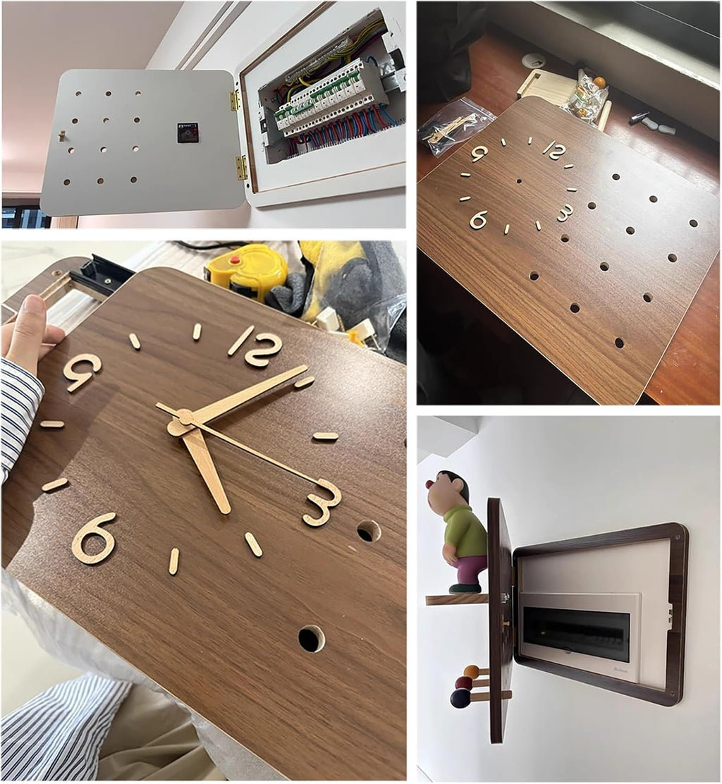 Electrical Panel Cover Solid Wood Circuit Breaker Box Cover Household, Electrical Panel Cover with Clock & Hook, Creative Power Distribution Box Protective Lid(White,W40 x L50 cm (15.8 x 19.7 in))