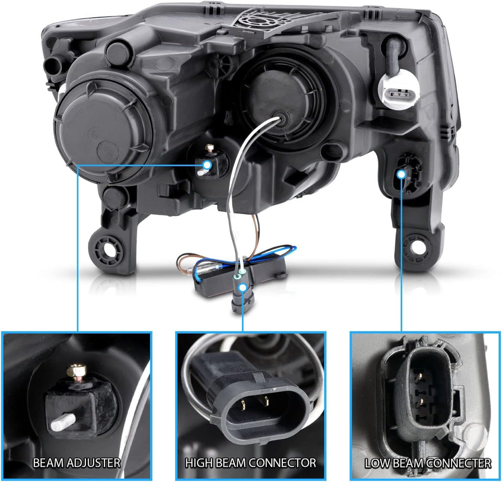 AmeriLite for 2017-2022 Jeep Grand Cherokee Switchback LED Bar Square Projector Black Headlights Assembly Set- Passenger and Driver Side