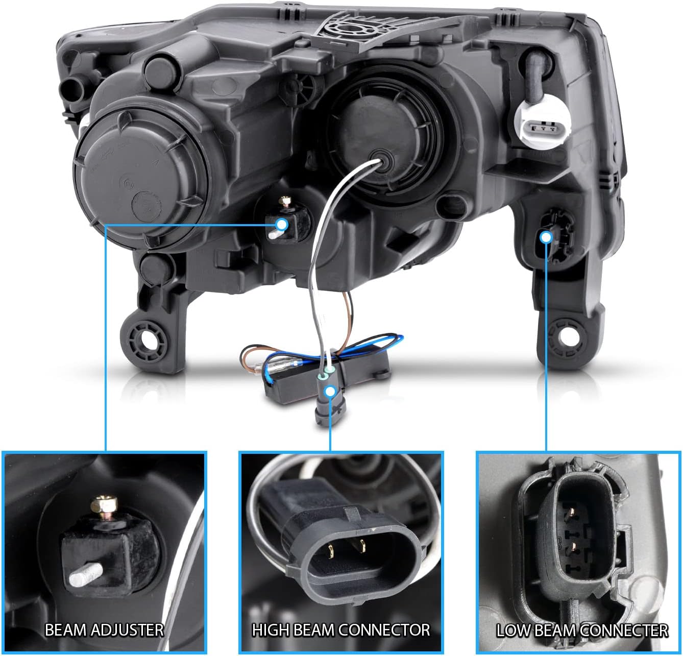 AmeriLite for 2017-2022 Jeep Grand Cherokee Switchback LED Bar Square Projector Black Headlights Assembly Set- Passenger and Driver Side