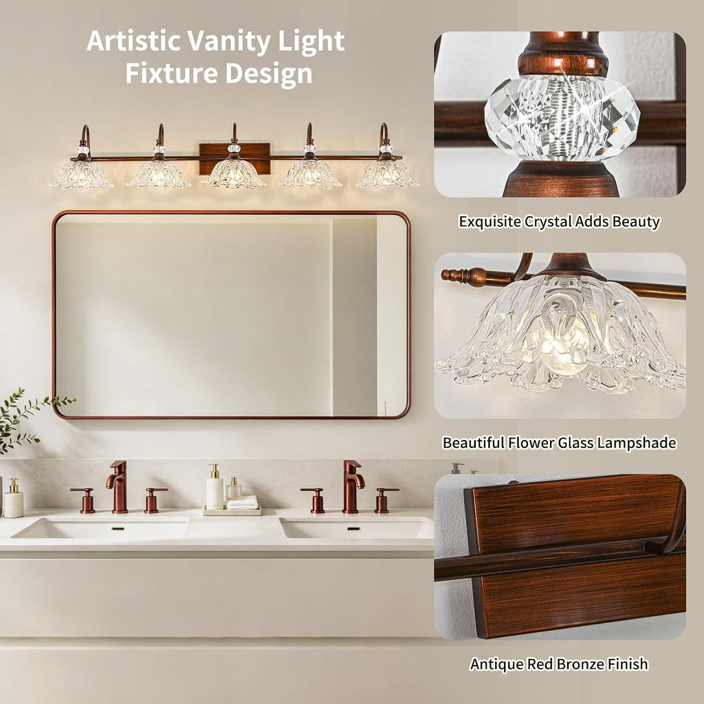 5-Light Antique Red Bronze Finish Bathroom Vanity Light, Vintage Vanity Light with Floral Clear Glass Shades, Retro Wall Mount Lighting for Bathroom, Dressing Table