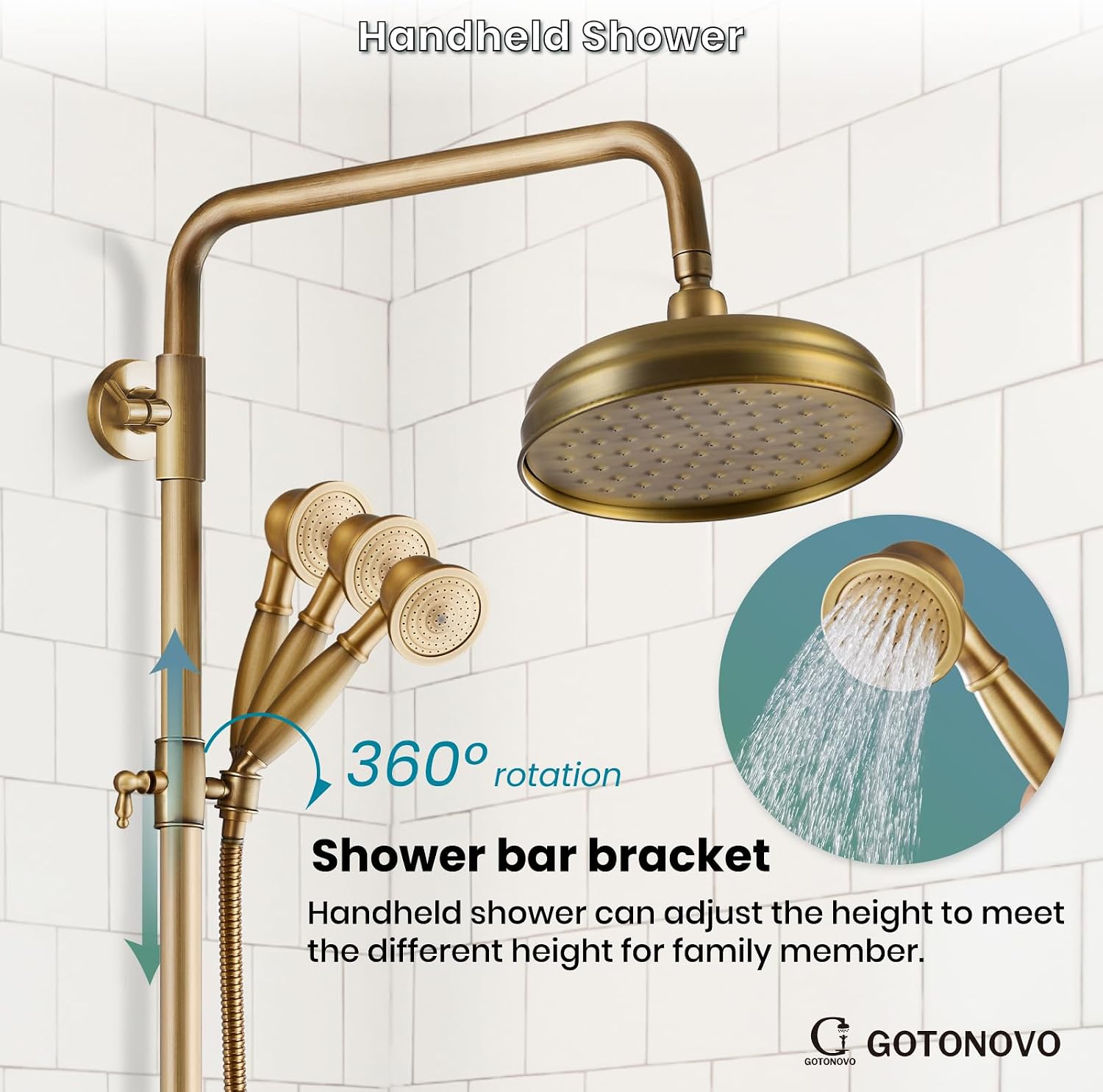 gotonovo Bathroom Exposed Shower Fixtures 8 Inch Rain Showerhead Double Cross Handles 2 Function Wall Mount Shower Faucet Set, Brass Handheld Spray, Antique Brass