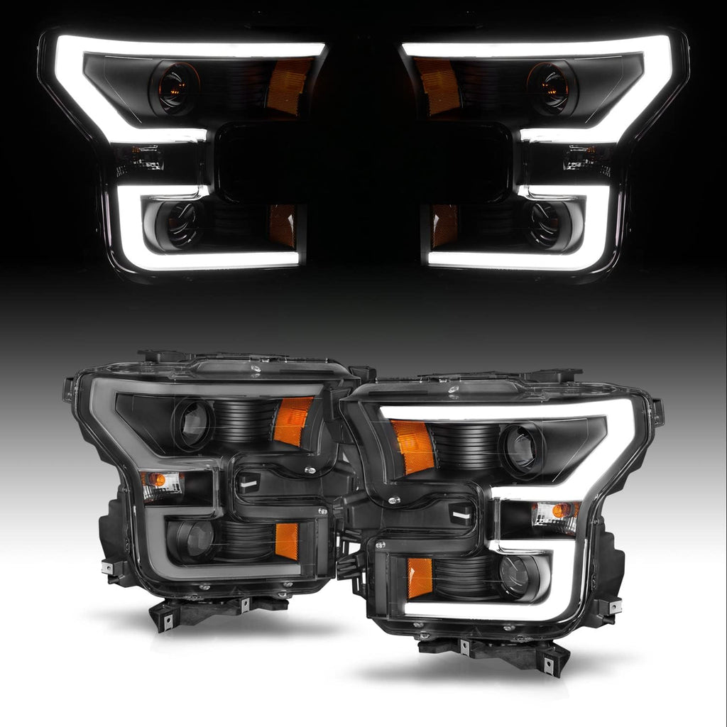 AmeriLite for 2015-2017 Ford F150 Pickup [Halogen Type] Dual LED Bar Projector Black Replacement Headlight Set - Driver and Passenger Side