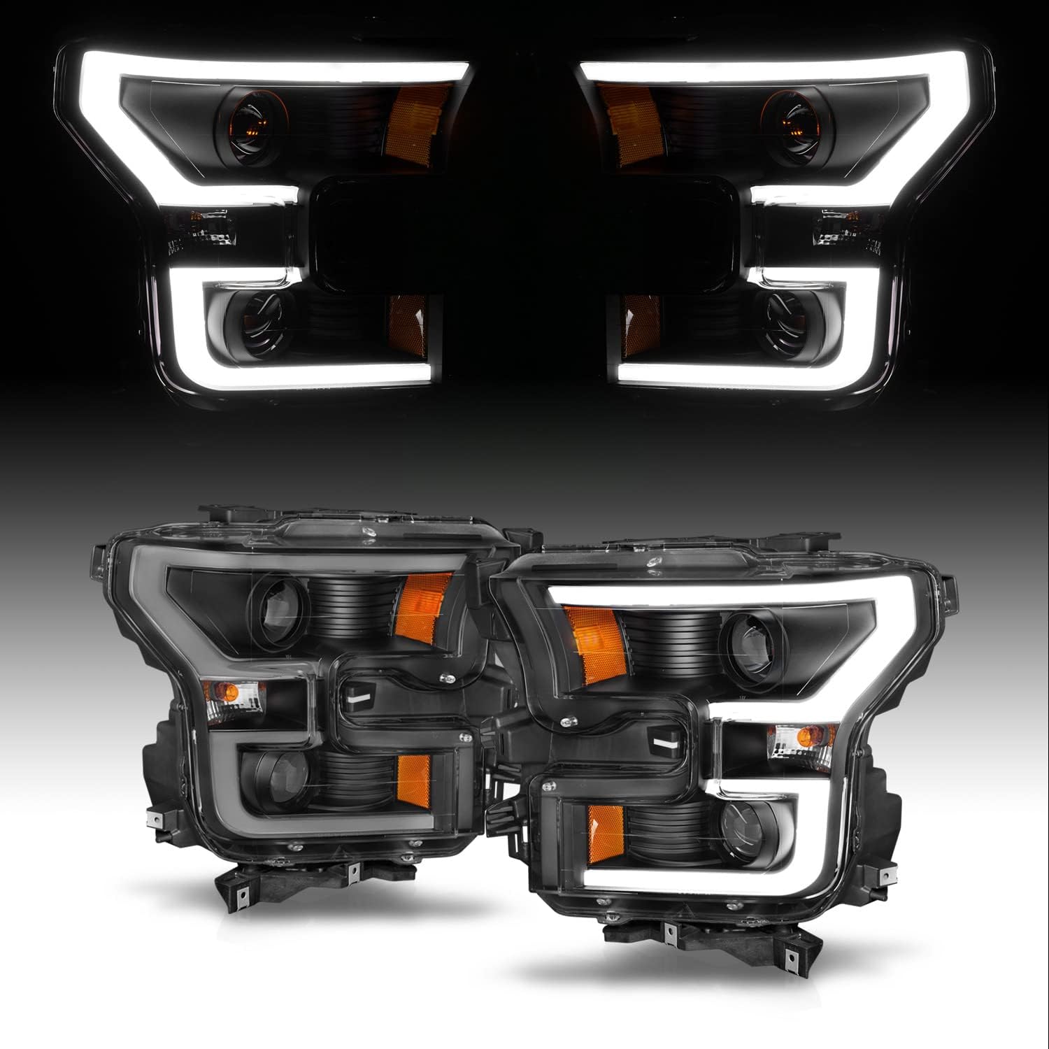 AmeriLite for 2015-2017 Ford F150 Pickup [Halogen Type] Dual LED Bar Projector Black Replacement Headlight Set - Driver and Passenger Side
