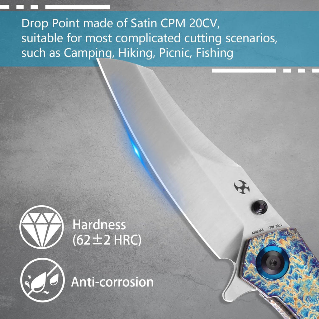 KANSEPT Mistaken Folding Knives for Men EDC Camping Hiking Folding Knife for Men Women 3.58''CPM 20CV Blade with Lightning Strike Finish Titanium Twill Carbon Fiber Timascus Clip Handle EDC K1053A4