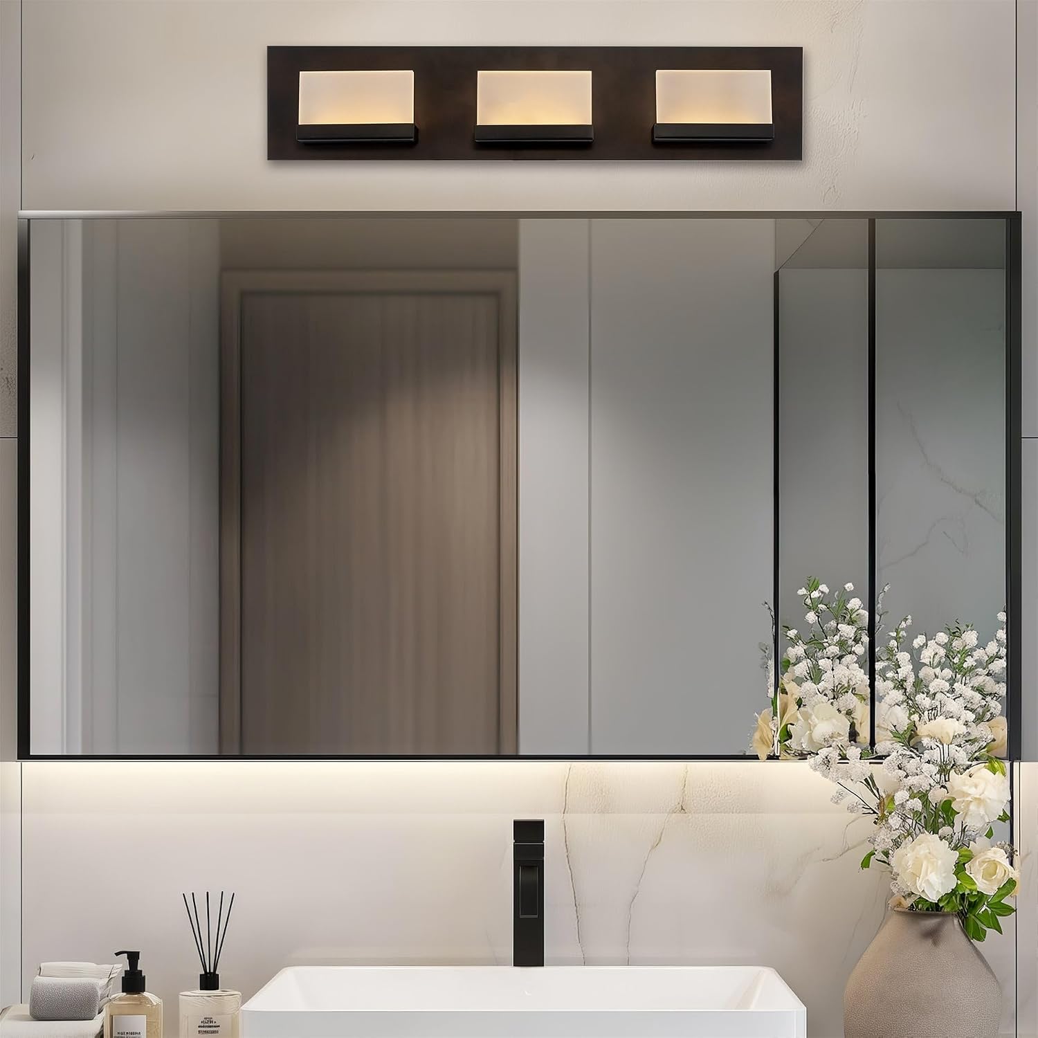 Kira Home Everett 24' Modern 3-Light Integrated LED Vanity Light, 30W 3000K Warm White Light, Minimalist Bathroom Wall Sconce with Frosted Acrylic Blocks, Oil Rubbed Bronze Finish