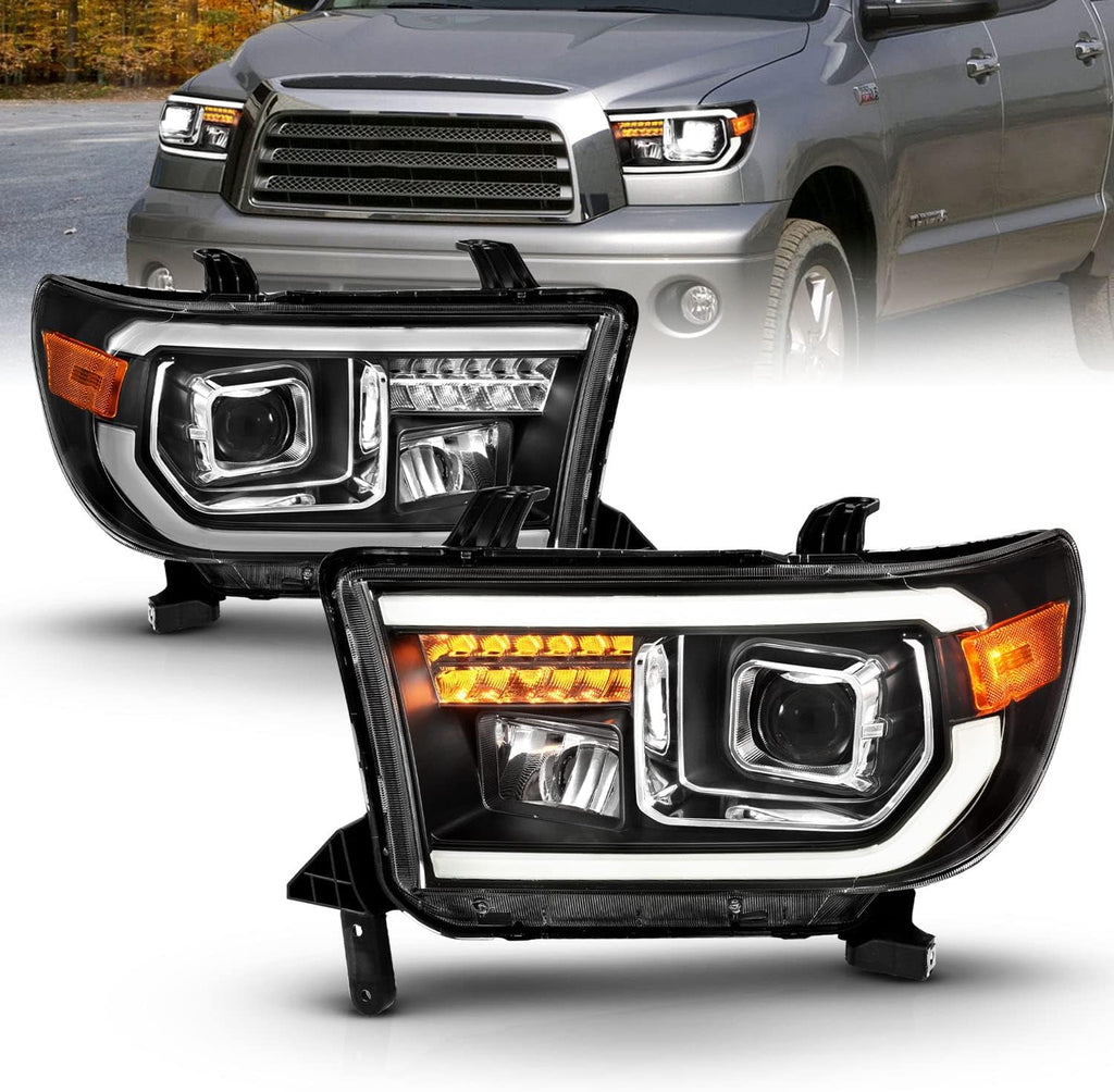 AmeriLite for 2007-2013 Toyota Tundra | 2008-2017 Sequoia [Full LED] Light Tube DRL Turn Signal Square Projector Headlight Set - Passenger and Driver Side