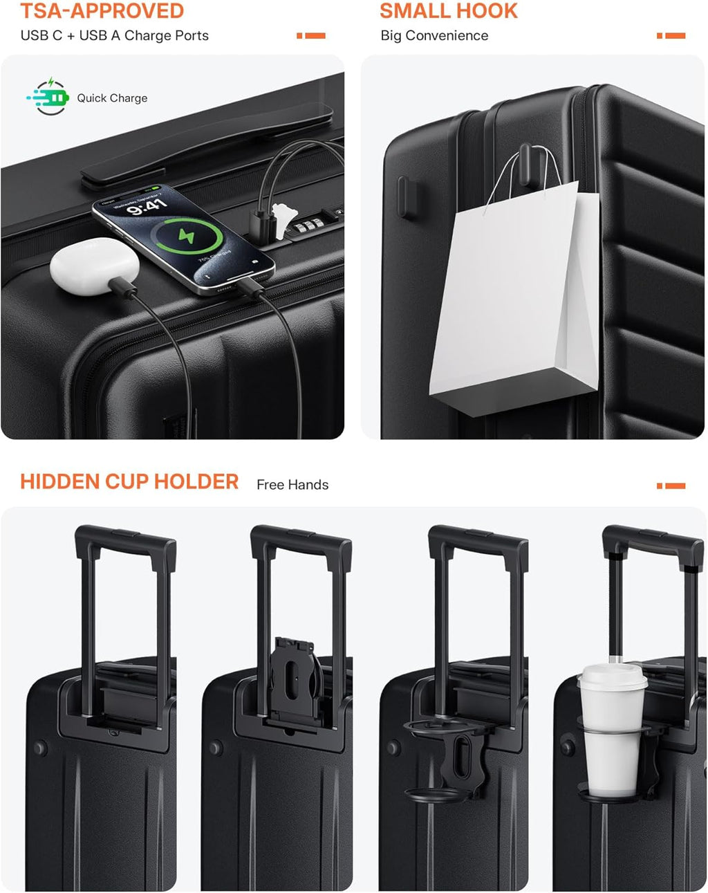 Expandable 20Inch Carry On Luggage Airline Approved - Top Opening Hardside Travel Suitcase Unbreakable -with Cup Holder,USB Charge,Side Pothook, 360°Spinner Wheels, TSA Lock-Black