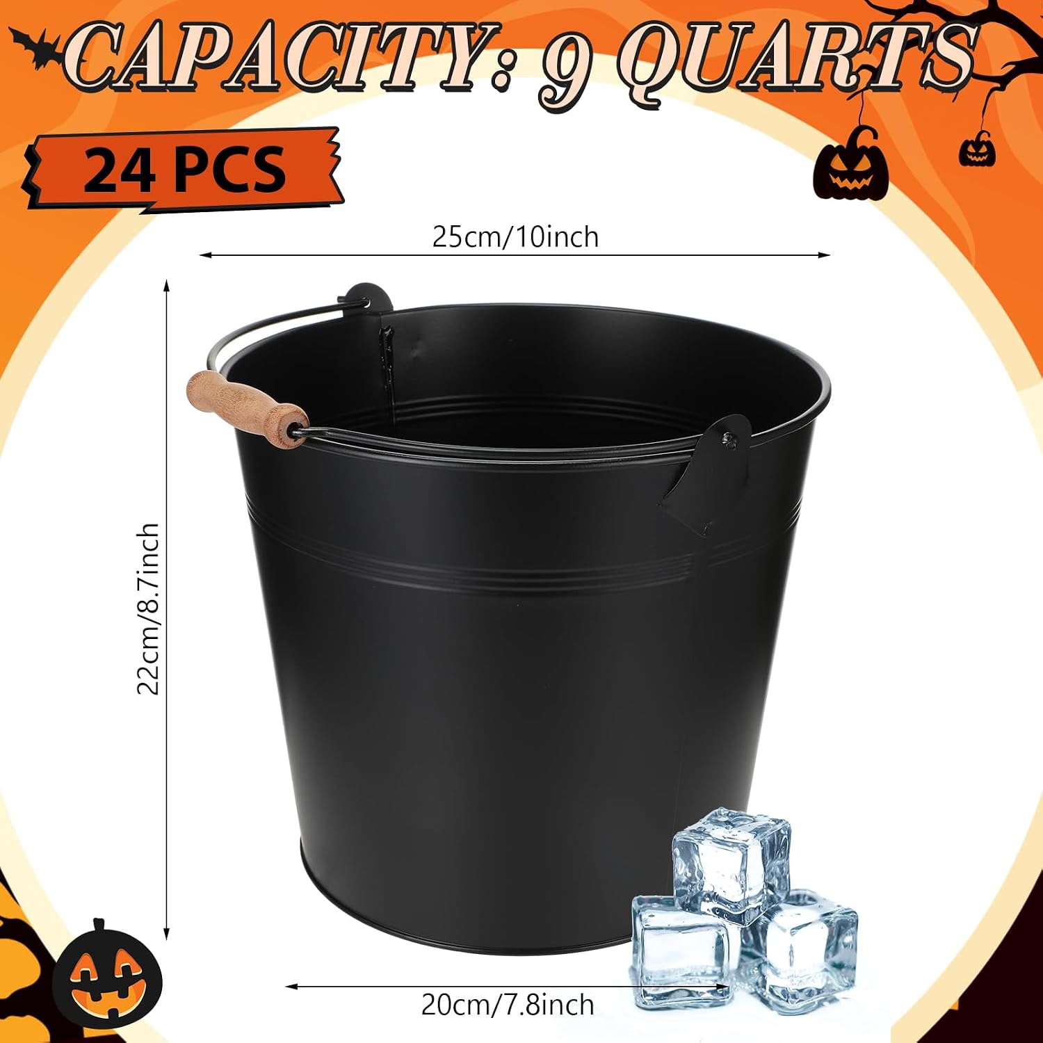 Didaey 24 Pcs 9 Quart Large Galvanized Metal Buckets with Handle Inch Heavy Duty Stainless Steel Pails Round Pail for Party Wedding, Crafts, Utensils, Table Centerpieces (Black)