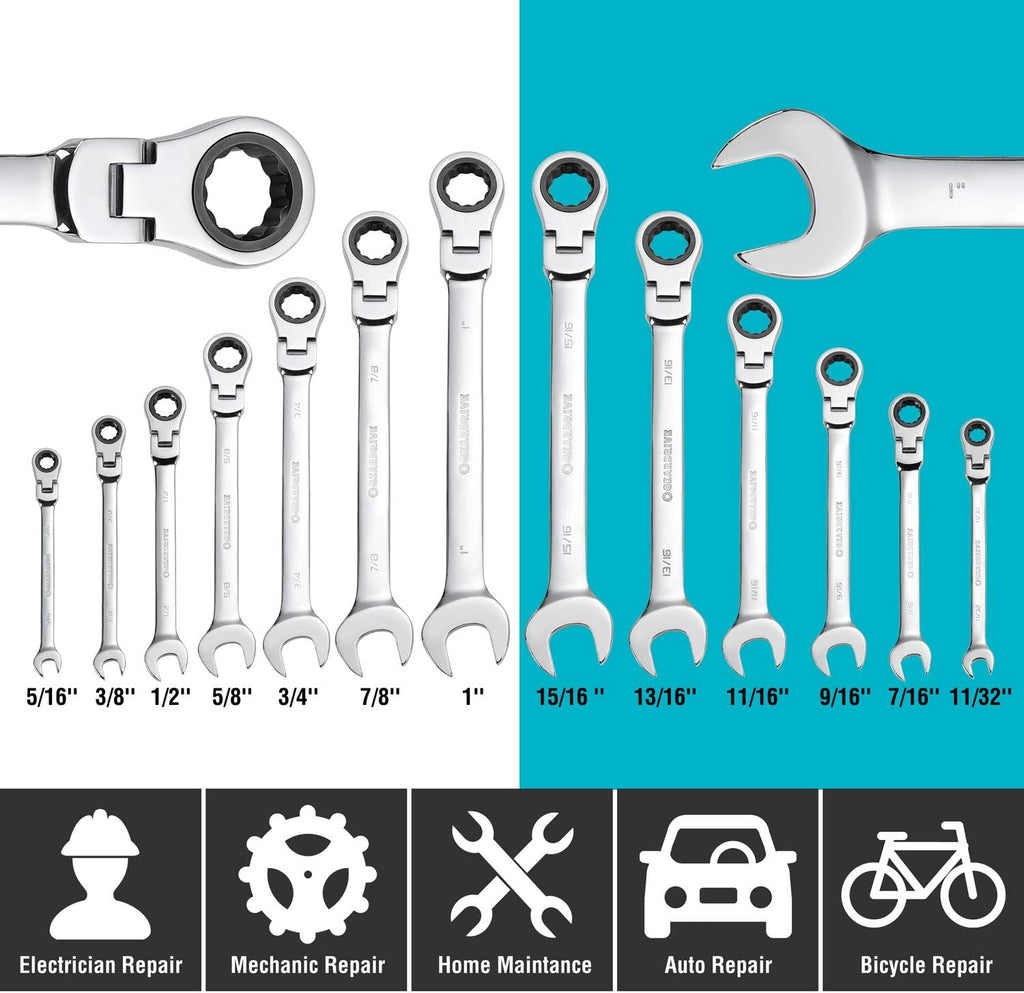 Flex-Head Ratcheting Combination Wrench Set, SAE, 13-piece, 5/16'' to 1'', Chrome Vanadium Steel Construction with Rolling Pouch