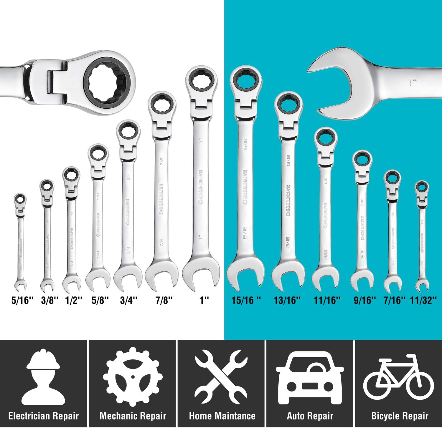 Flex-Head Ratcheting Combination Wrench Set, SAE, 13-piece, 5/16'' to 1'', Chrome Vanadium Steel Construction with Rolling Pouch