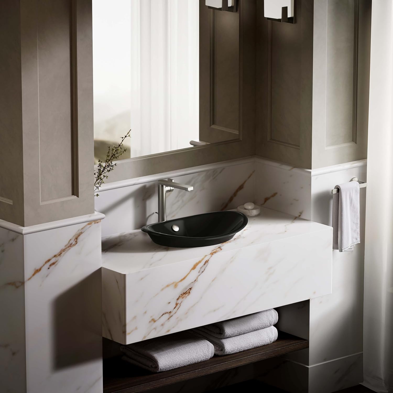 KOHLER K-5403-P5-7 Iron Plains Wading Pool Oval Bathroom Sink with Iron Black Painted Underside, Black Black