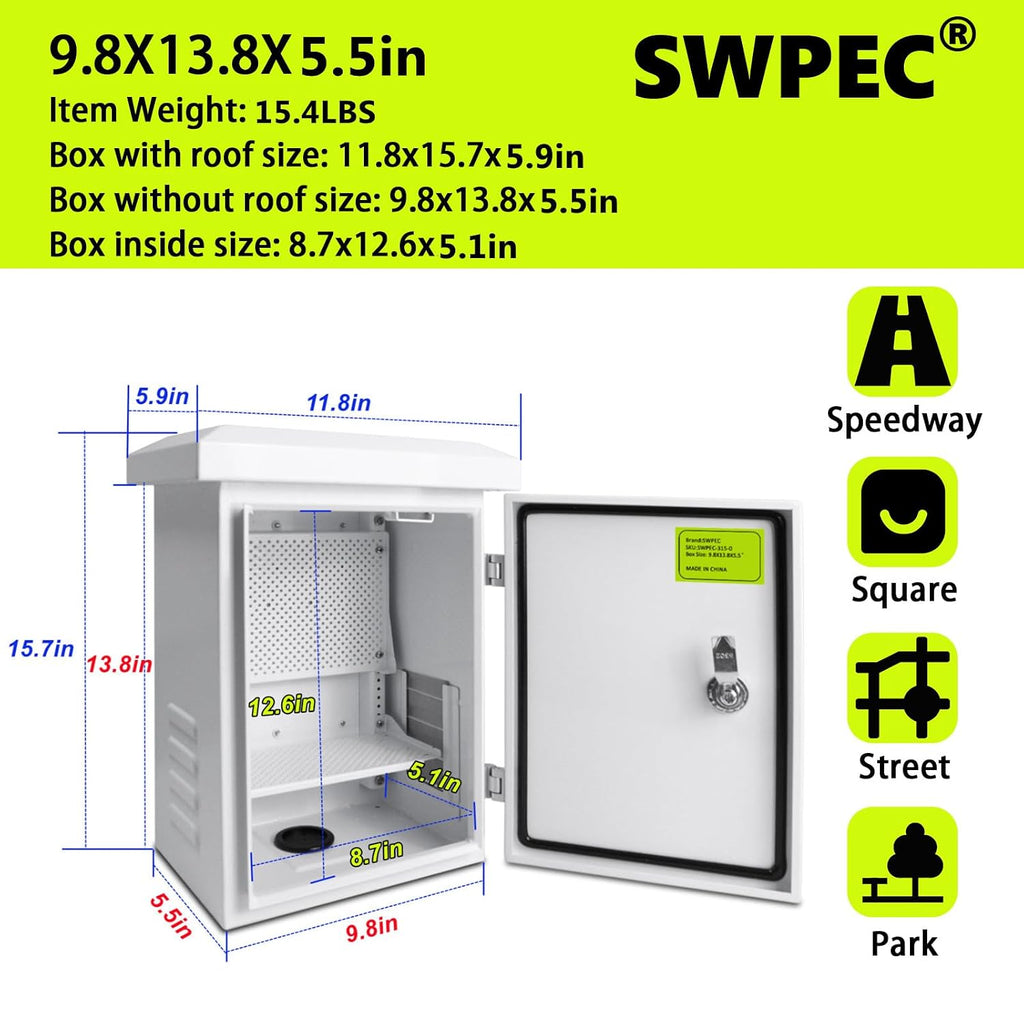 Metal Outdoor Enclosure with Rain Hood Electrical Box Weatherproof WiFi/Network Enclosure Breaker Box with Fan-Vent Design Cable Project Cabinet with Mounting Track Hole in Back 12X16X10