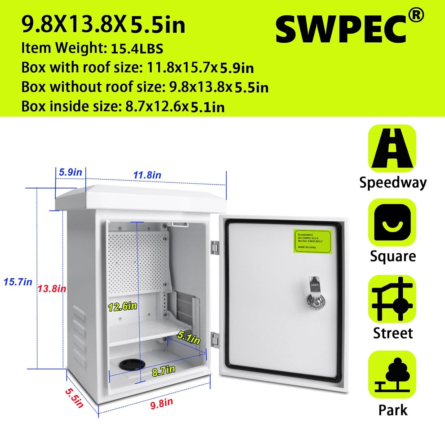 Metal Outdoor Enclosure with Rain Hood Electrical Box Weatherproof WiFi/Network Enclosure Breaker Box with Fan-Vent Design Cable Project Cabinet with Mounting Track Hole in Back 12X16X10