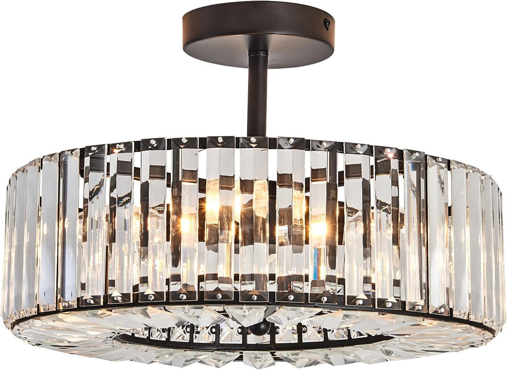 Piepooye 4 Lights Modern Crystal Chandelier Black Round Semi Flush Mount Ceiling Light Fixture Farmhouse Chandelier for Dinning Room Living Room Bedroom Hallway Entryway Kitchen