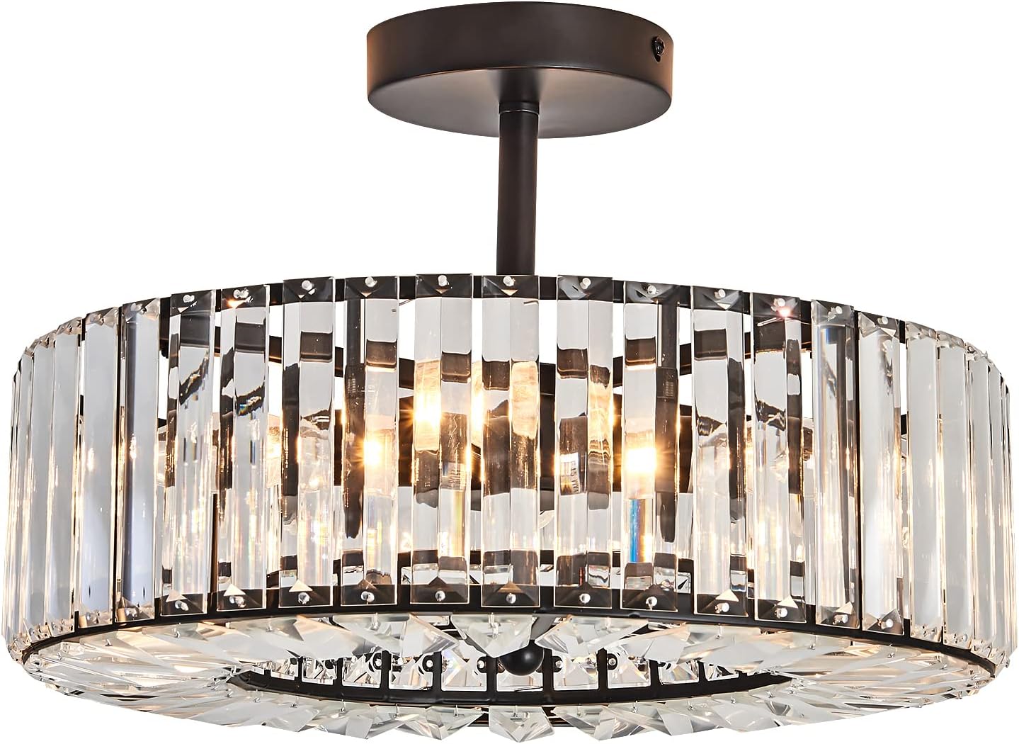 Piepooye 4 Lights Modern Crystal Chandelier Black Round Semi Flush Mount Ceiling Light Fixture Farmhouse Chandelier for Dinning Room Living Room Bedroom Hallway Entryway Kitchen