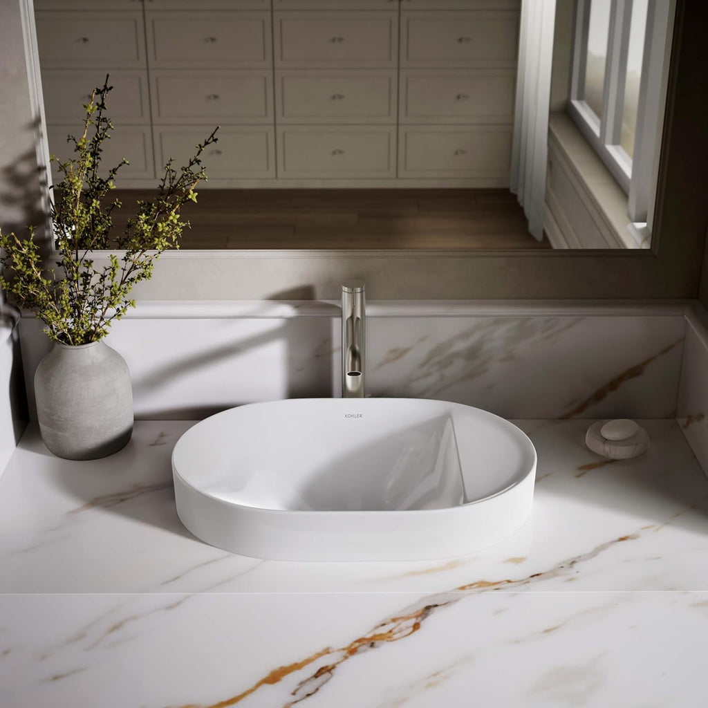 KOHLER 31703-0 Chalice 22-3/4' Oval Vessel Bathroom Sink Bowl with Storage Deck, Above Counter Vanity Sink Basin, with Overflow, No Faucet Holes, White