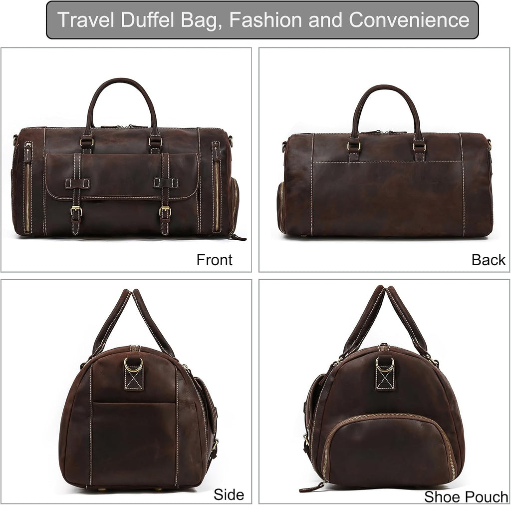 LUUFAN Full-grain Genuine Leather Travel Bag Large Capacity Duffel Luggage Bag with Shoe Compartment, Men Women Shoulder Handbag for Weekend Holiday Business Trip