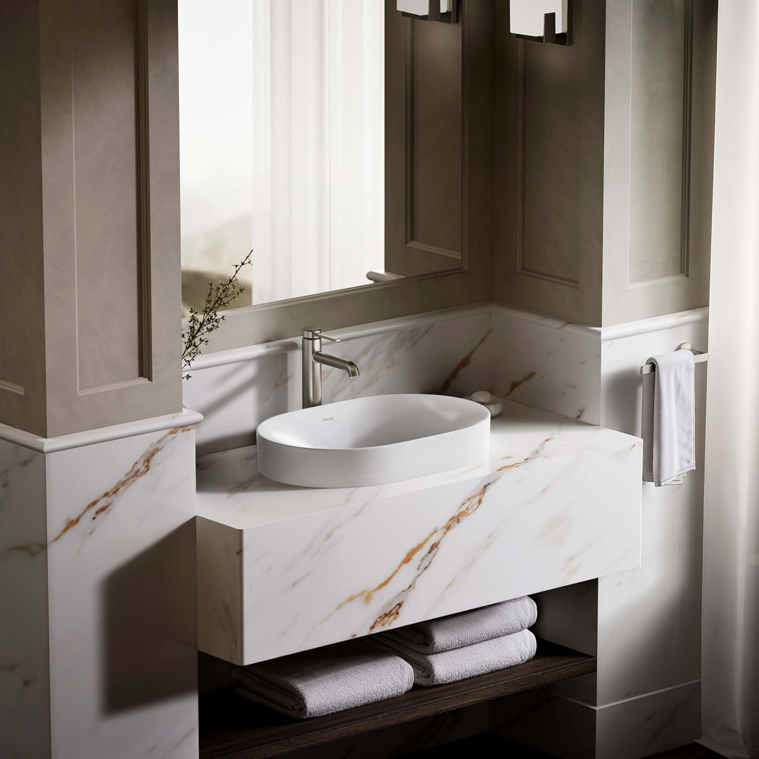KOHLER 31701-0 Chalice 22-3/4' Oval Bathroom Vessel Sink, Above Counter Vanity Sink Basin, with Overflow, No Faucet Holes, White