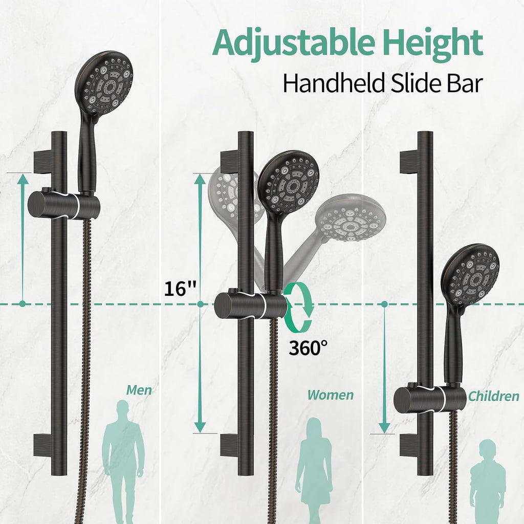 SR SUN RISE 12 Inch Oil Rubbed Bronze Shower System, Wall-Mount Adjustable 16-Inch Slide Bar with 6-Function Hand Shower Faucet Included Valve and Trim Kit