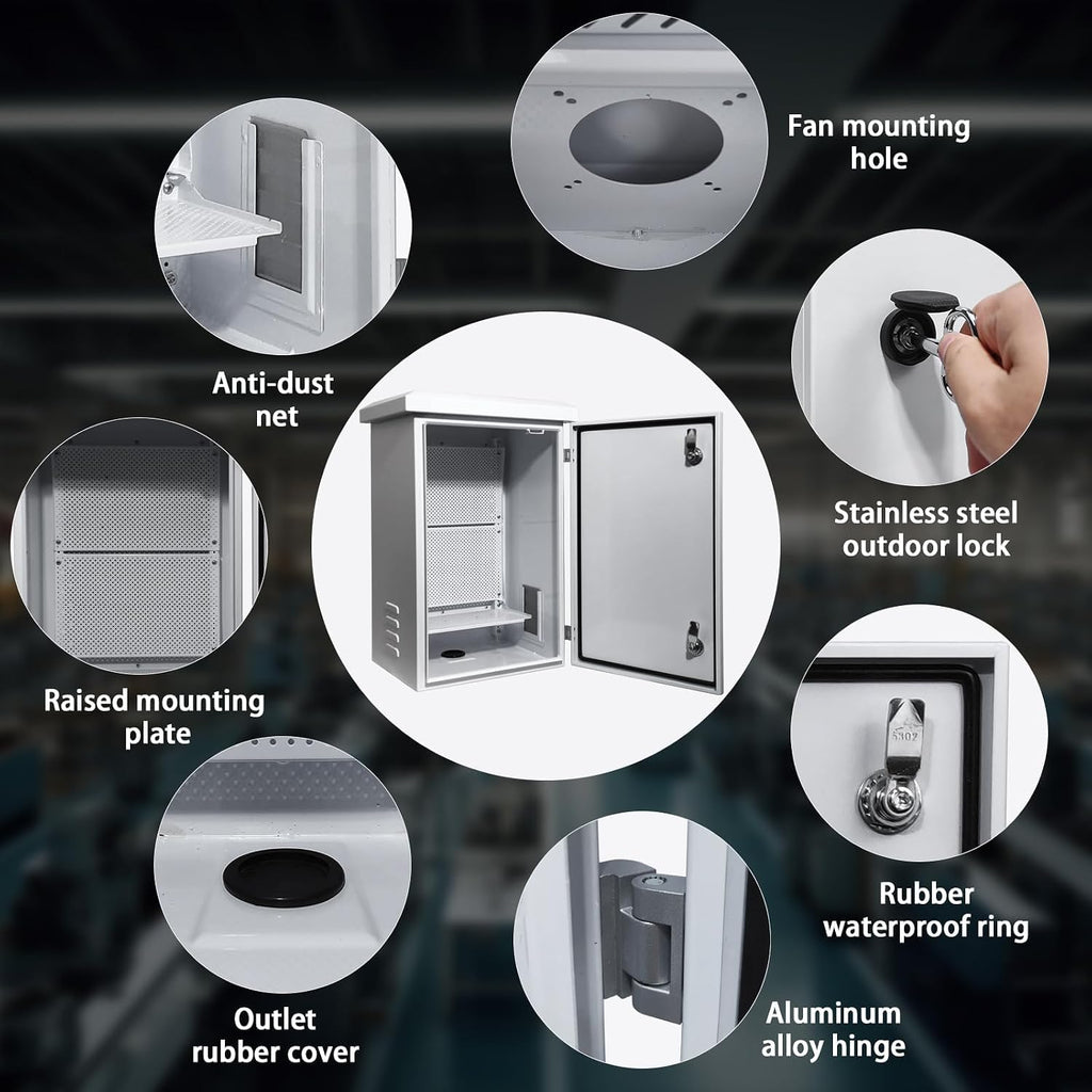 Outdoor Electrical Box NEMA Enclosure - 19.7x15.7x11.8 Network Weatherproof Exterior Box Ventilated Enclosure hinged Galvanized Electrical Ventilation Design(500x400x300mm)