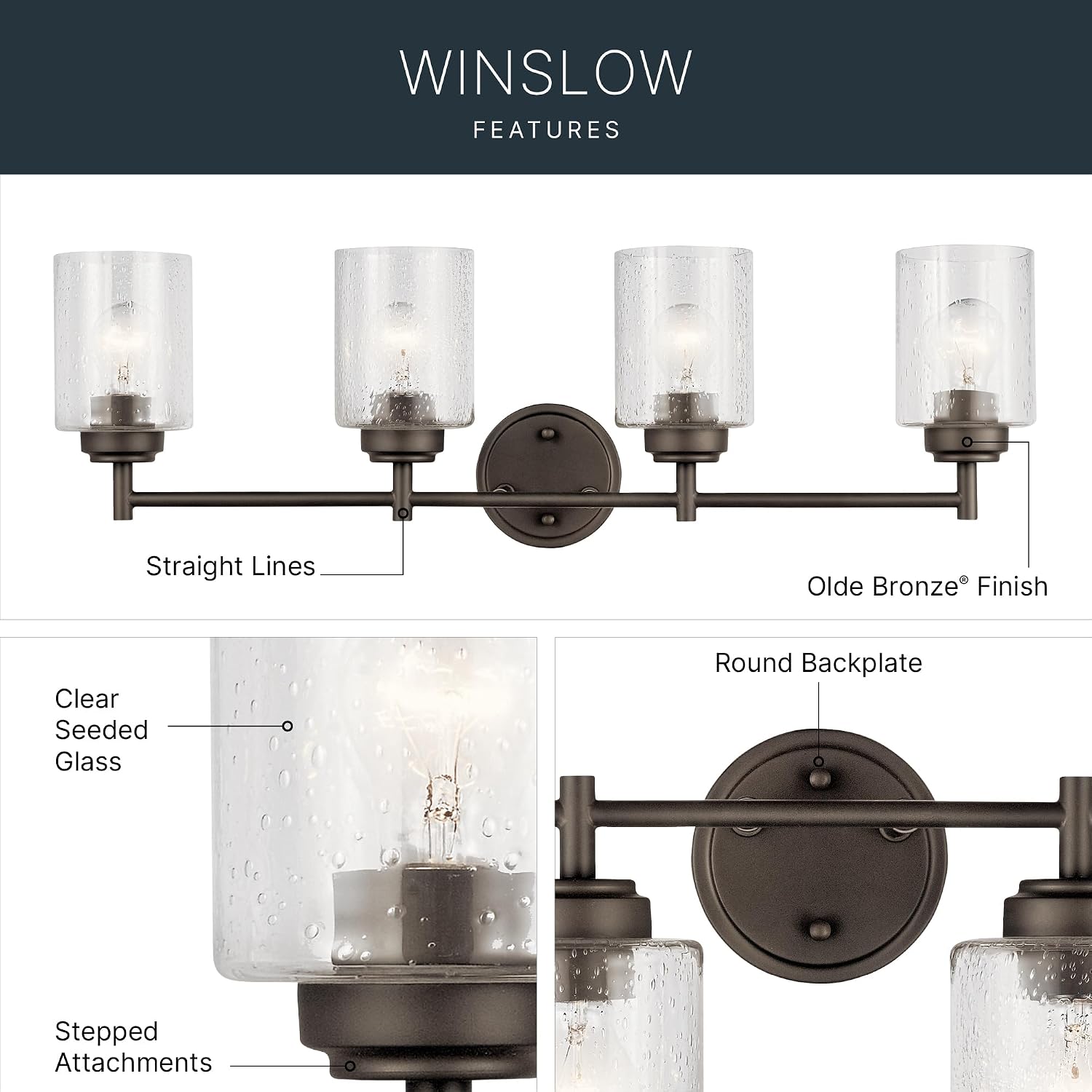 Kichler Winslow 30' Vanity Light in Olde Bronze®, 4-Light Transitional Bathroom Light with Clear Seeded Glass. (30' W x 9.25' H), 45887OZ