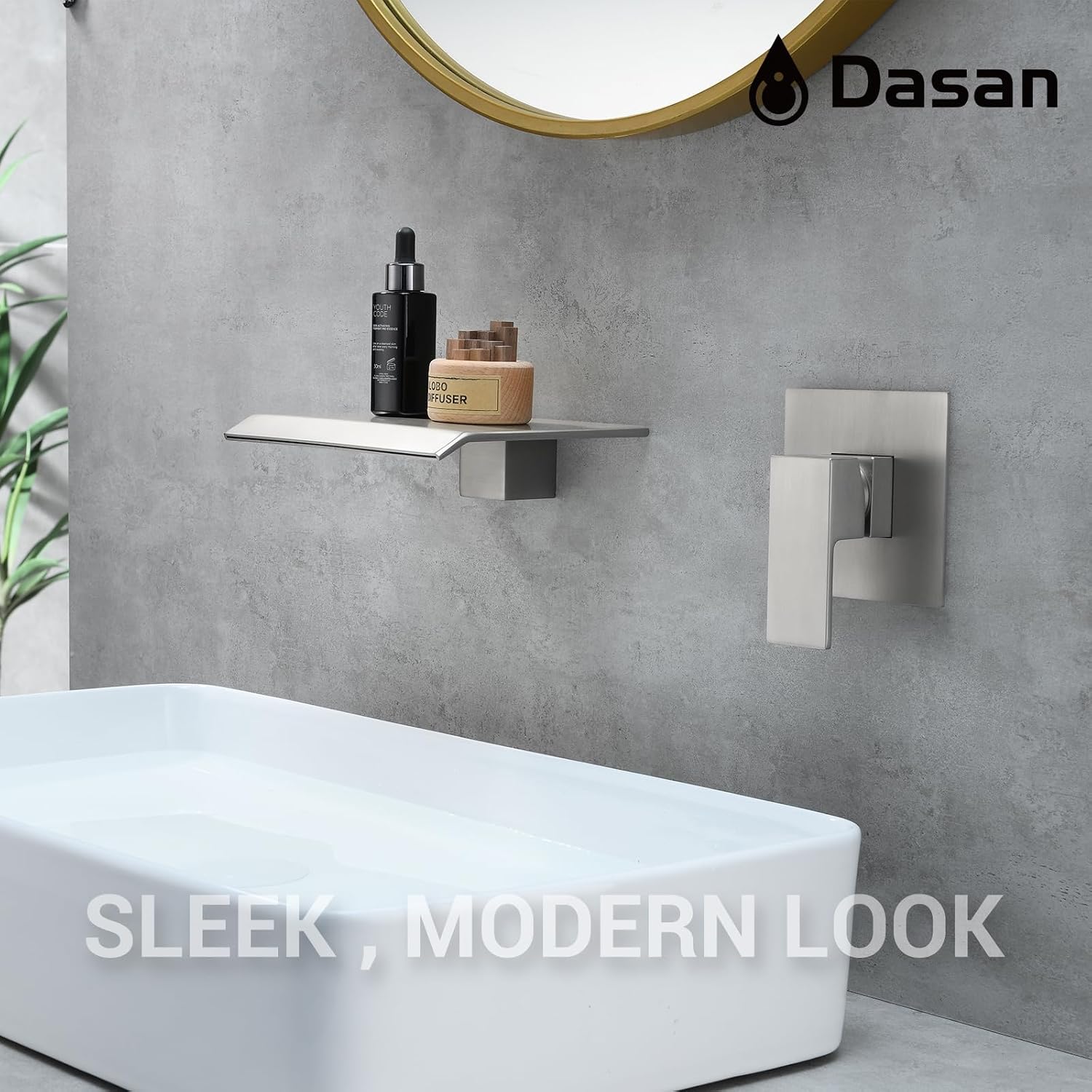 DASAN Wall Mount Waterfall Bathroom Faucet Brushed Nickel in Wall Sink Faucet, Single Handle Wall Mounted Modern Faucet for Bathroom with Upgraded Rough in Valve, DA-TFD3BN-NH