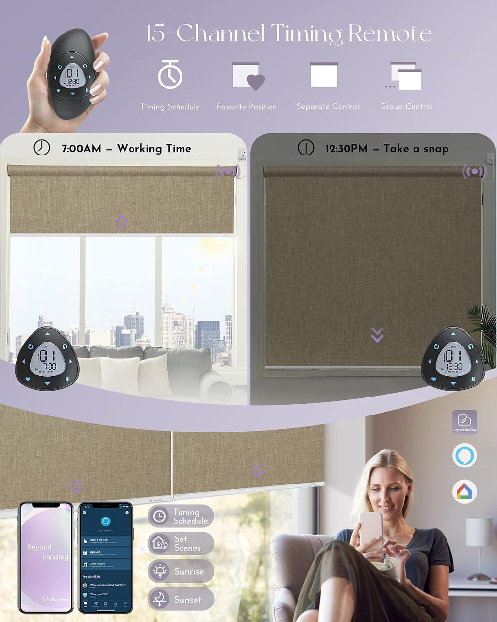 Graywind Motorized Shades 100% Blackout Work with Alexa Google Smart Home Control Build-in Hardwired Window Shades Thermal Insulated Window Blinds, Customized Size (Coffee)