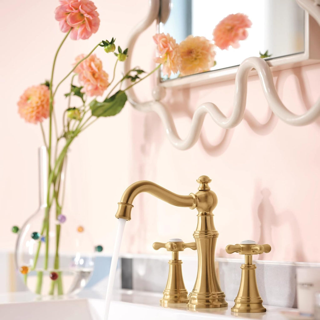 Moen Weymouth Brushed Gold Two-Handle Widespread Cross Handle Bathroom Faucet Trim Kit, Valve Included, TVS42114BG