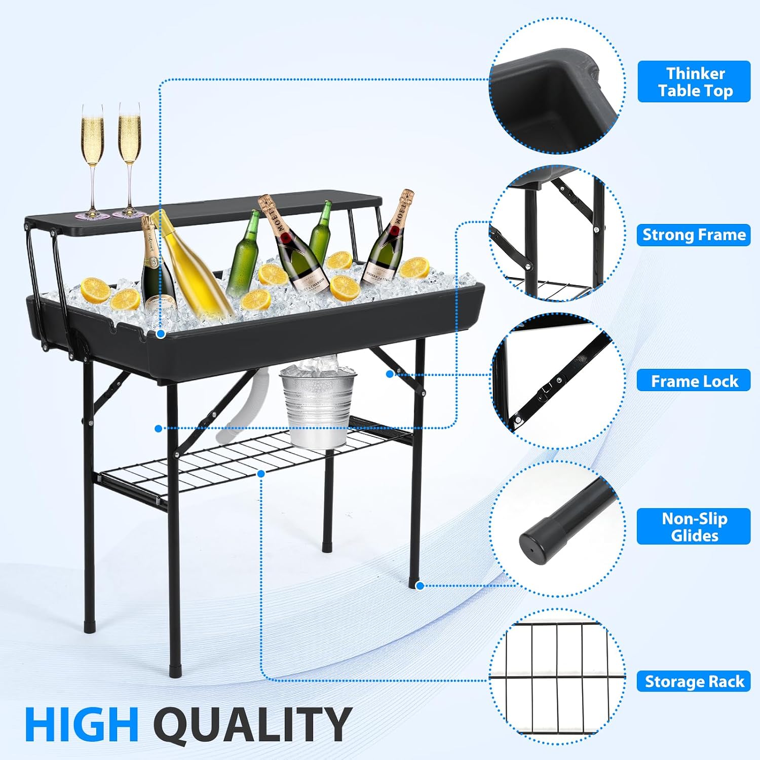 Nice C 4 ft Folding Ice Cooler Table, Party Cooler, Grazing Table with Drain, Bar Cooler Tables, with Matching Skirt, Storage Shelf (Black)