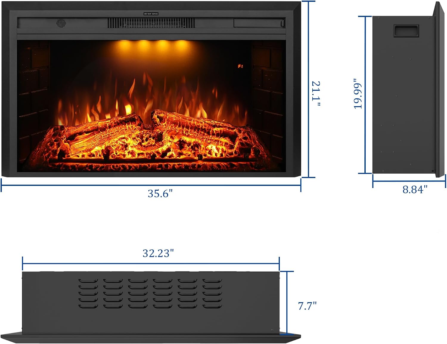 36 inch Wide 21 inch High Electric Fireplace, Wall Fireplace Electric with Remote Control, Realistic Log and Crackling Sound, Overheating Protection and Timer, 750/1500W Black