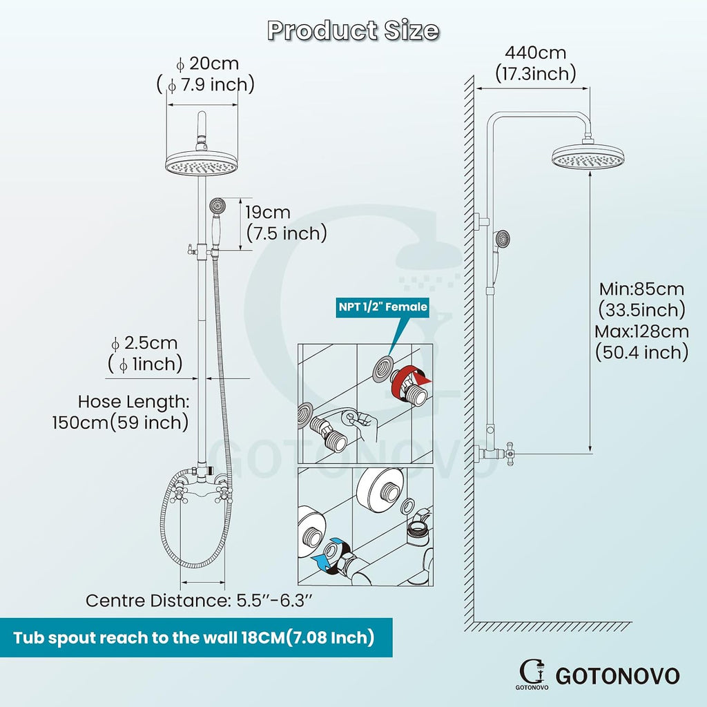gotonovo Bathroom Exposed Shower Fixtures 8 Inch Rain Showerhead Double Cross Handles 2 Function Wall Mount Shower Faucet Set, Brass Handheld Spray, Antique Brass