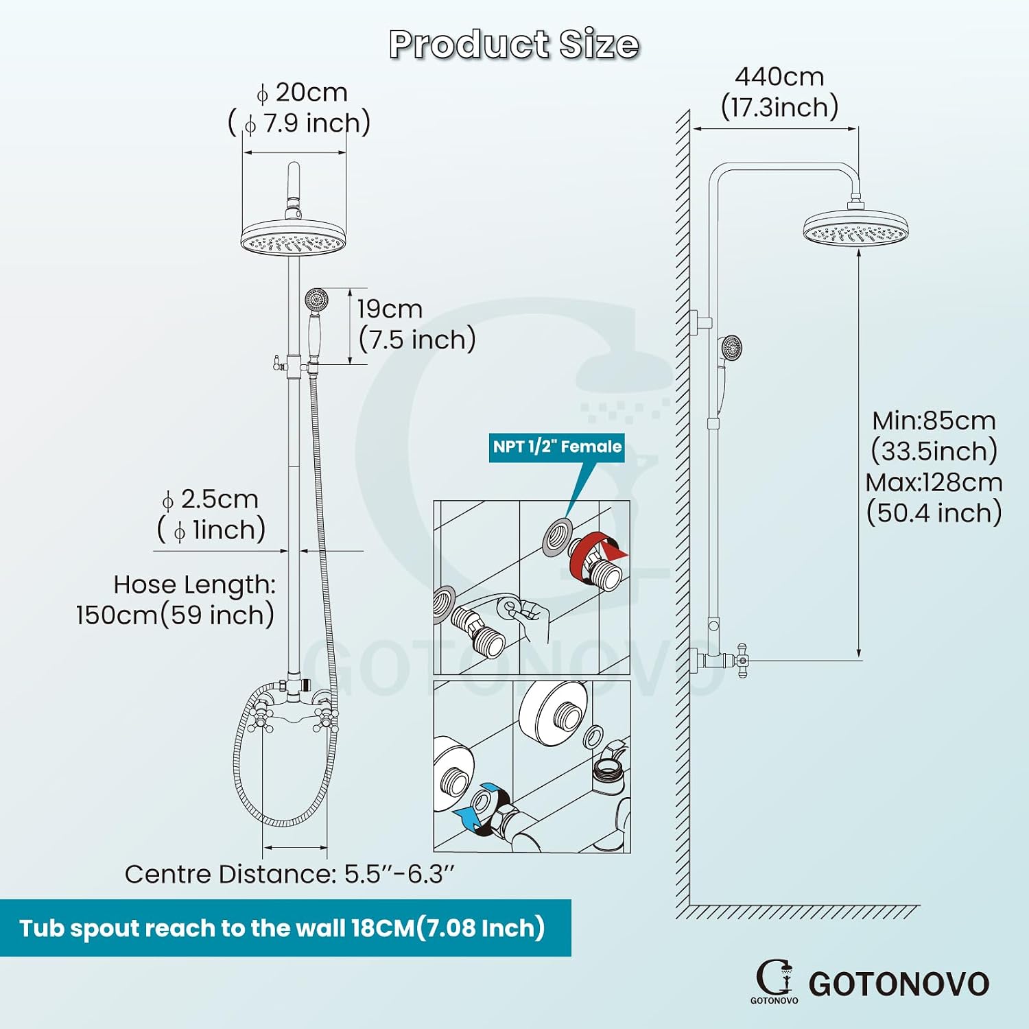 gotonovo Bathroom Exposed Shower Fixtures 8 Inch Rain Showerhead Double Cross Handles 2 Function Wall Mount Shower Faucet Set, Brass Handheld Spray, Antique Brass