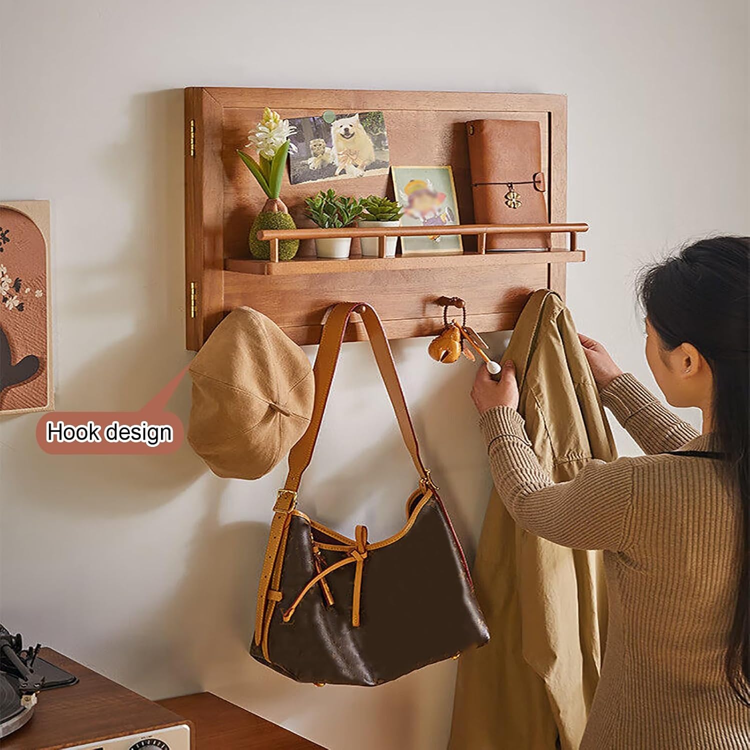 Wooden Breaker Box Cover Decorative with Hook, Circuit Electrical Panel Protective Lid, Hide Electric Meter Box Cover for Office Kitchens Cafes(Brown,59 * 39cm/23.2 * 15.3in)