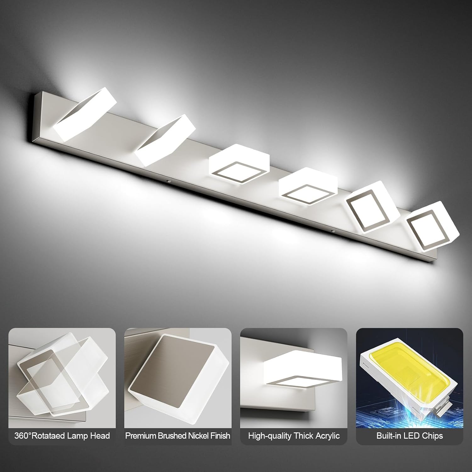 Ralbay Brushed Nickel Bathroom Vanity Lights 48inch Metal Acrylic LED Modern Bathroom Wall Lighting Fixtures Over Mirror Brushed Nickel (White Light 6000K, Non-dimmable)