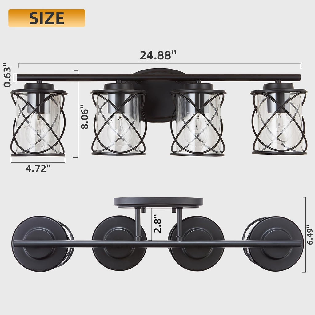 mavcadonf 4-Lights Bathroom Vanity Lights, Bathroom Light Fixtures Over Mirror, Matte Black Vanity Light, Farmhouse Wall Lights with Clear Glass Shade, Bathroom Wall Lamp for Mirror Kitchen Bedroom