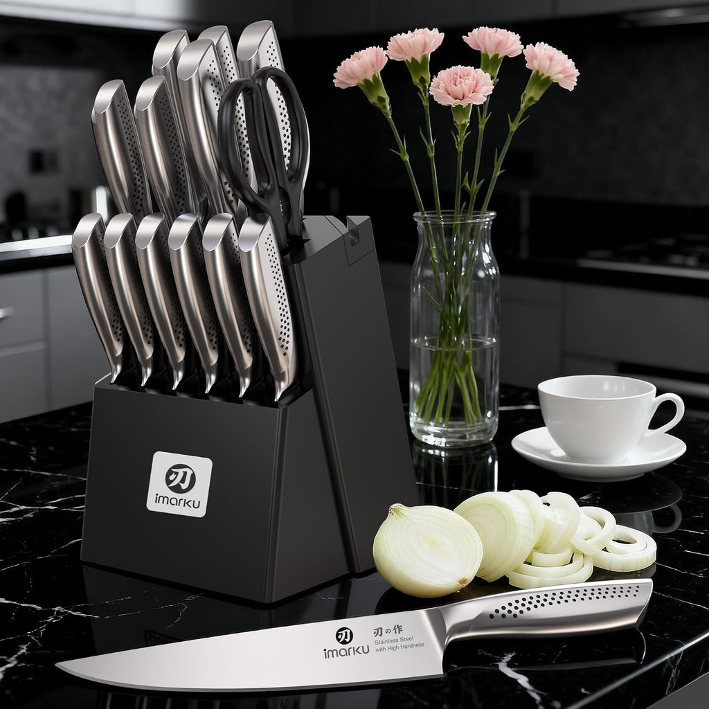 imarku 15-Piece Knife Set with Block, Sharp High Carbon Steel Knives, Built-in Sharpener for Easy Polishing, Ergonomic Non-Slip Comfort Grip, Dishwasher Safe, Durable Practical Tools Ideal for Cooks