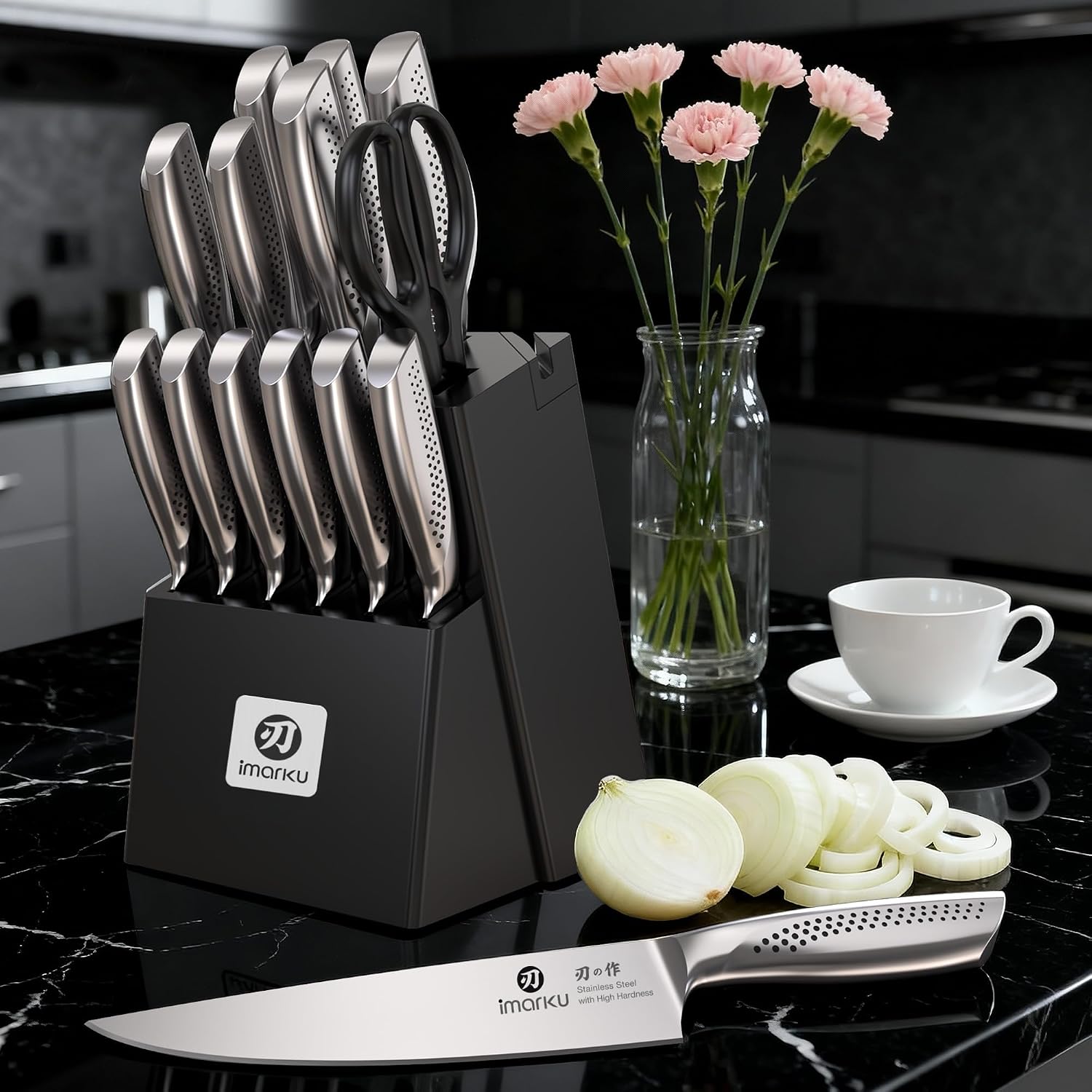 imarku 15-Piece Knife Set with Block, Sharp High Carbon Steel Knives, Built-in Sharpener for Easy Polishing, Ergonomic Non-Slip Comfort Grip, Dishwasher Safe, Durable Practical Tools Ideal for Cooks