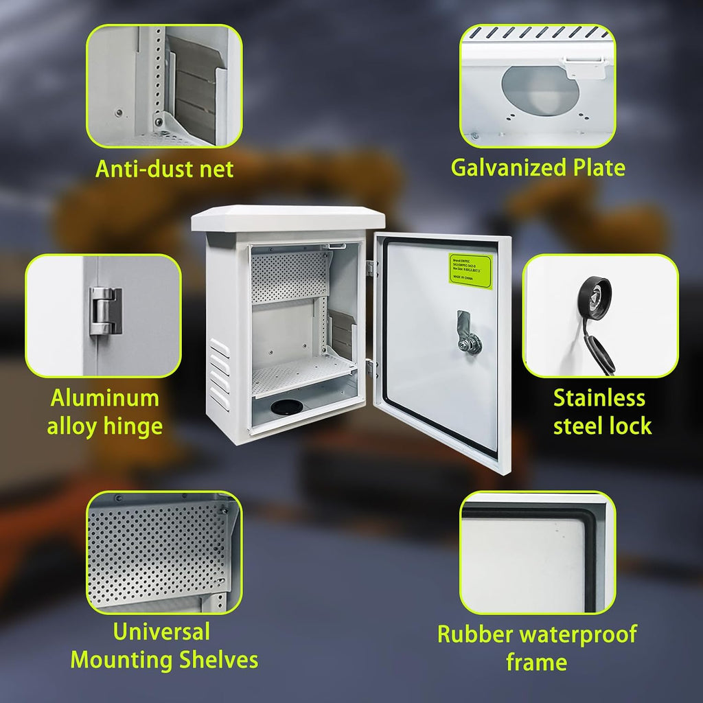 Metal Outdoor Enclosure with Rain Hood Electrical Box Weatherproof WiFi/Network Enclosure Breaker Box with Fan-Vent Design Cable Project Cabinet with Mounting Track Hole in Back 12X16X10