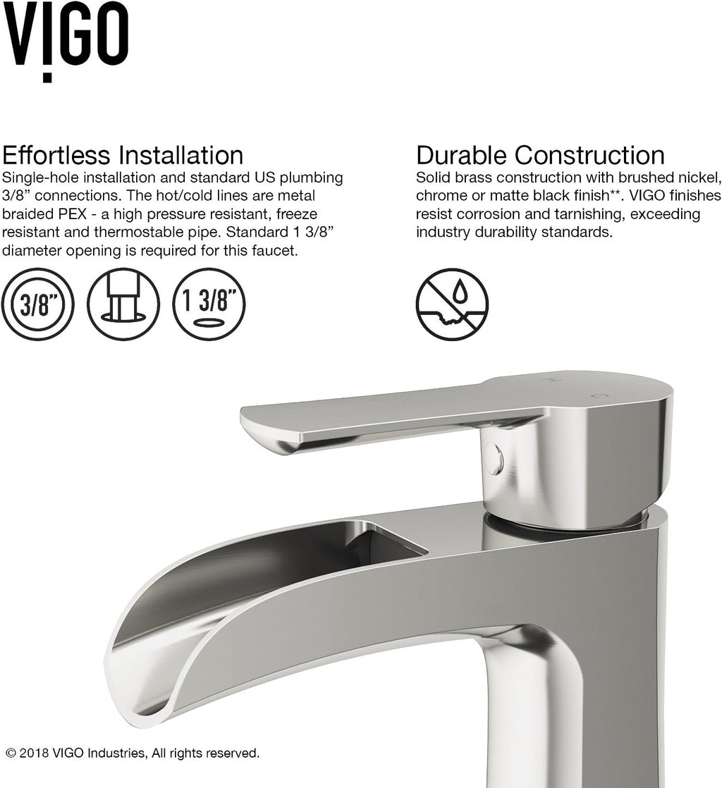VIGO Paloma Waterfall Single-Handle Single-Hole Mount Bathroom Sink Faucet, 7-Inch, Brushed Nickel, Modern Design, Solid Brass, 1.2 GPM WaterSense & Ceramic Disc Valve, Corrosion-Resistant - VG01041BN